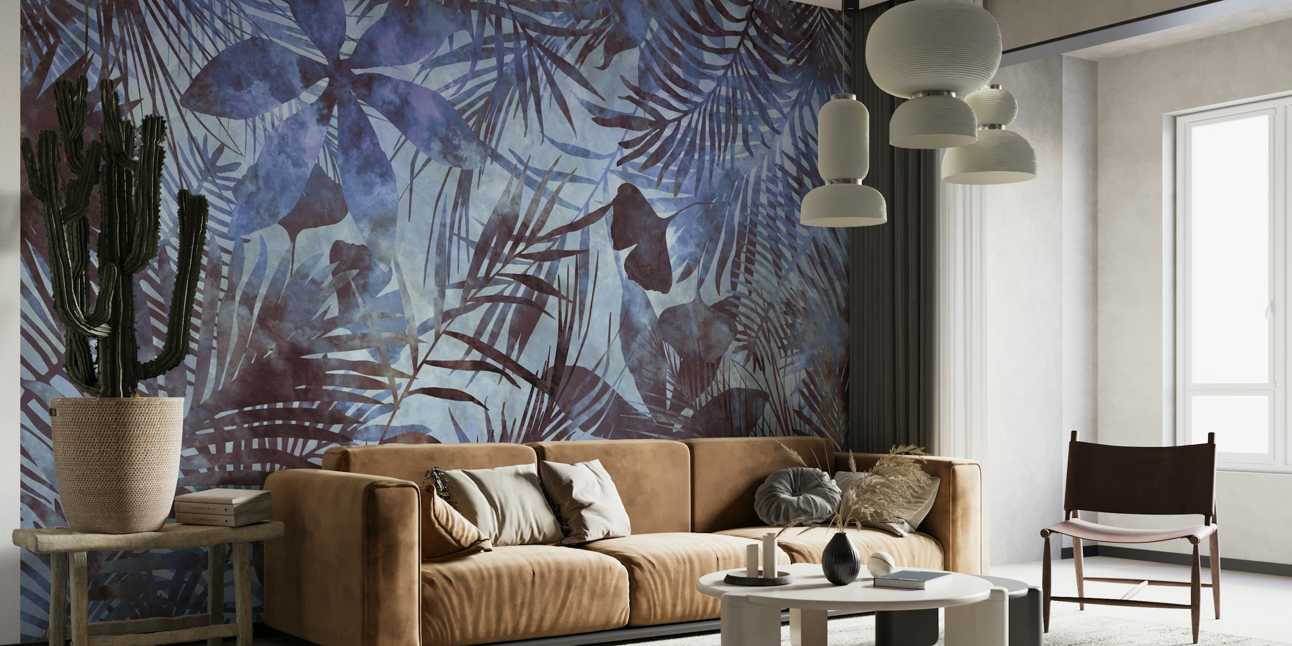 Blauwe tropische jungle schilderij muurschildering met een verscheidenheid aan exotische bladeren in blauwtinten.