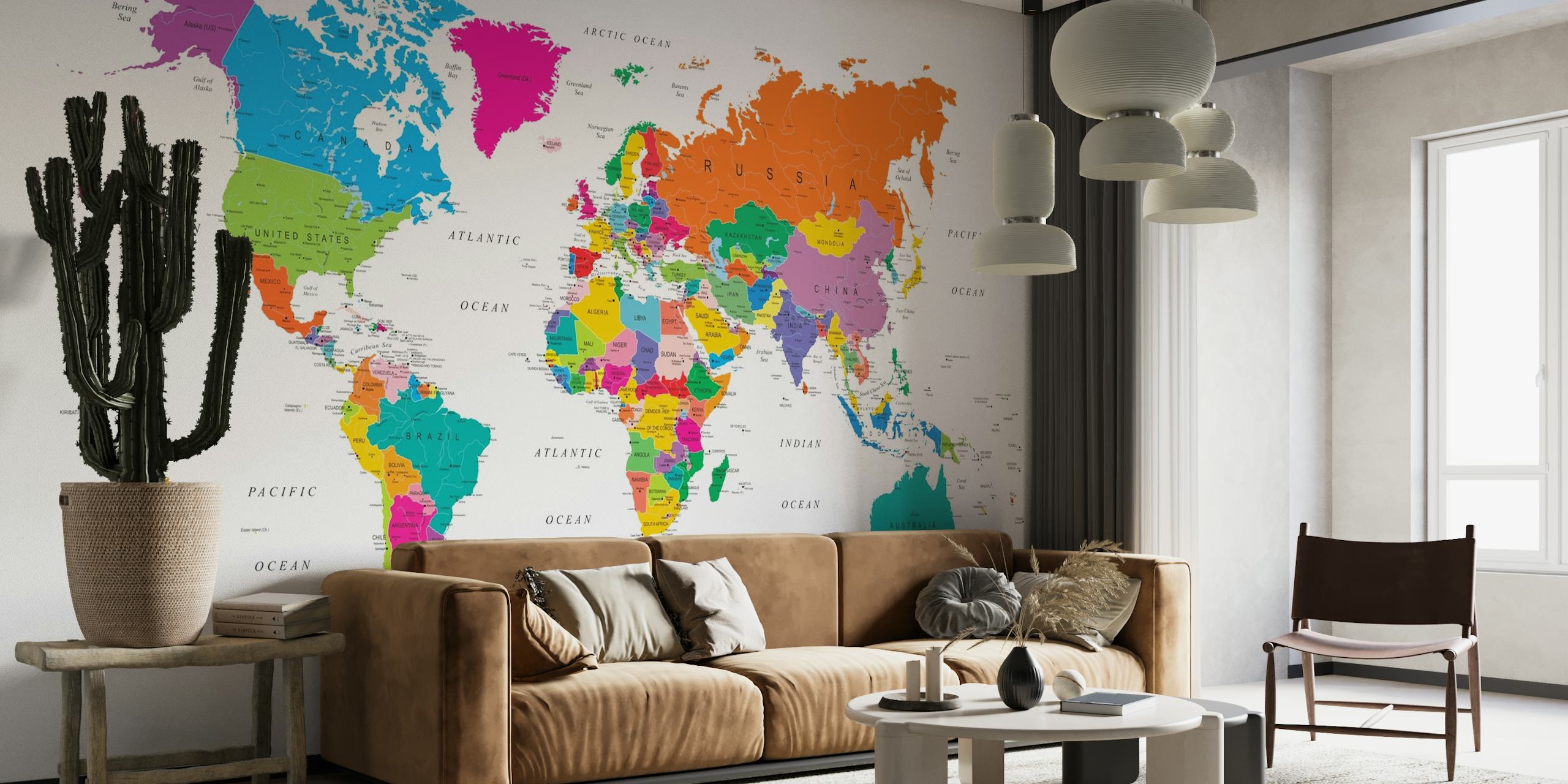 Vibrant colored world map wallpaper for classrooms and kids' rooms
