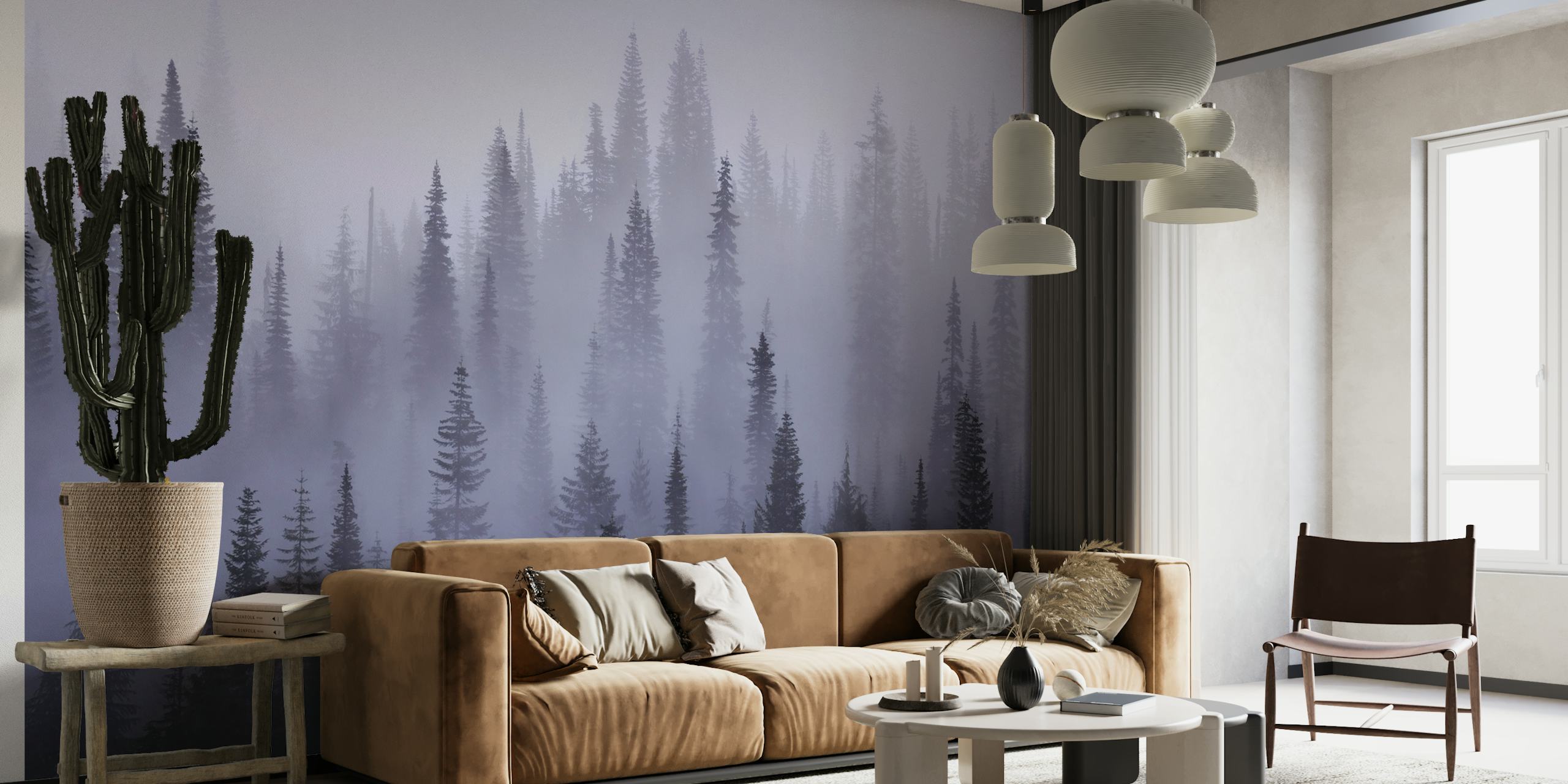 Enchanting view of misty forest and towering trees wallpaper design