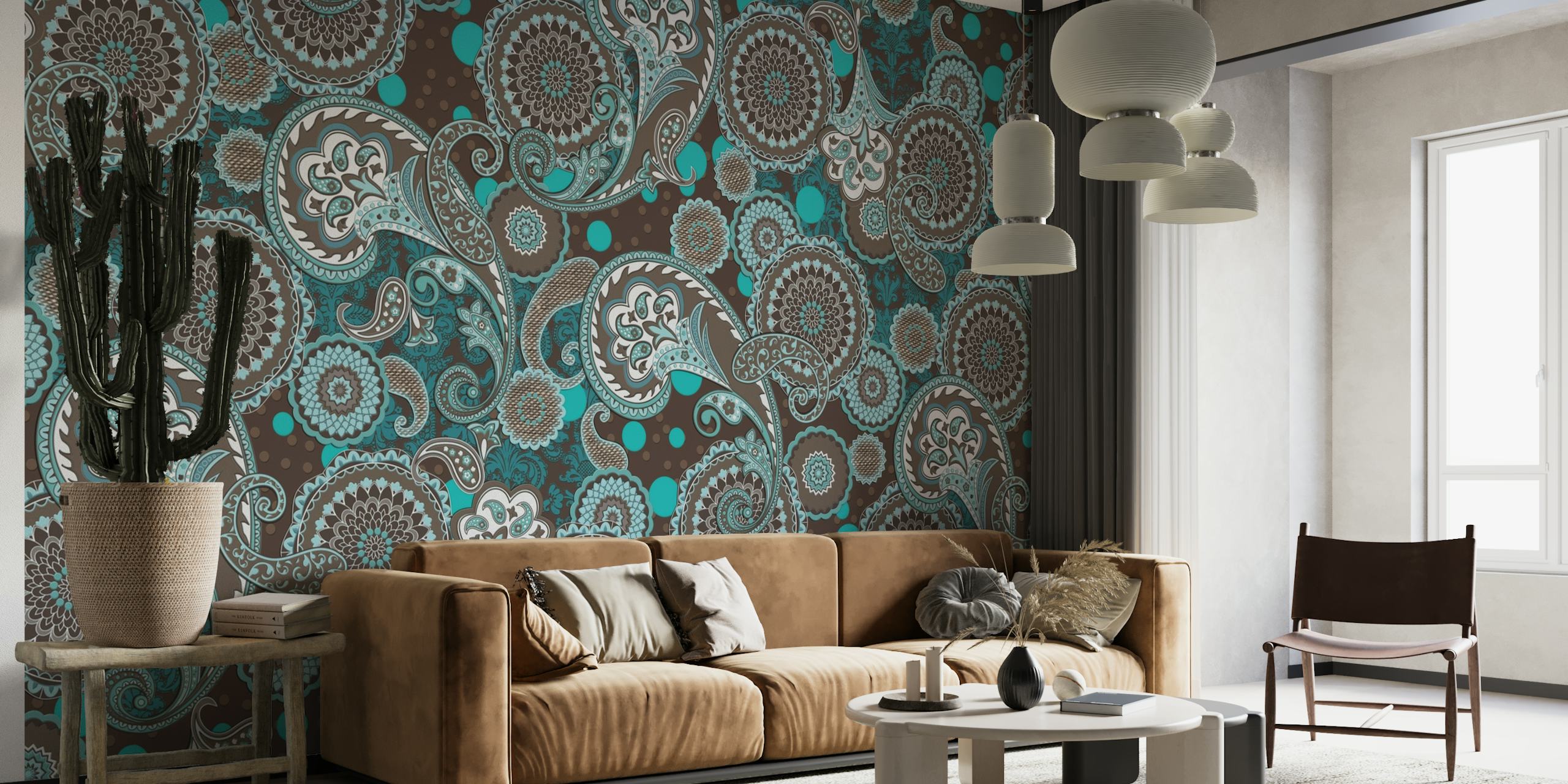 Paisley Mandala blue brown wall mural with intricate patterns