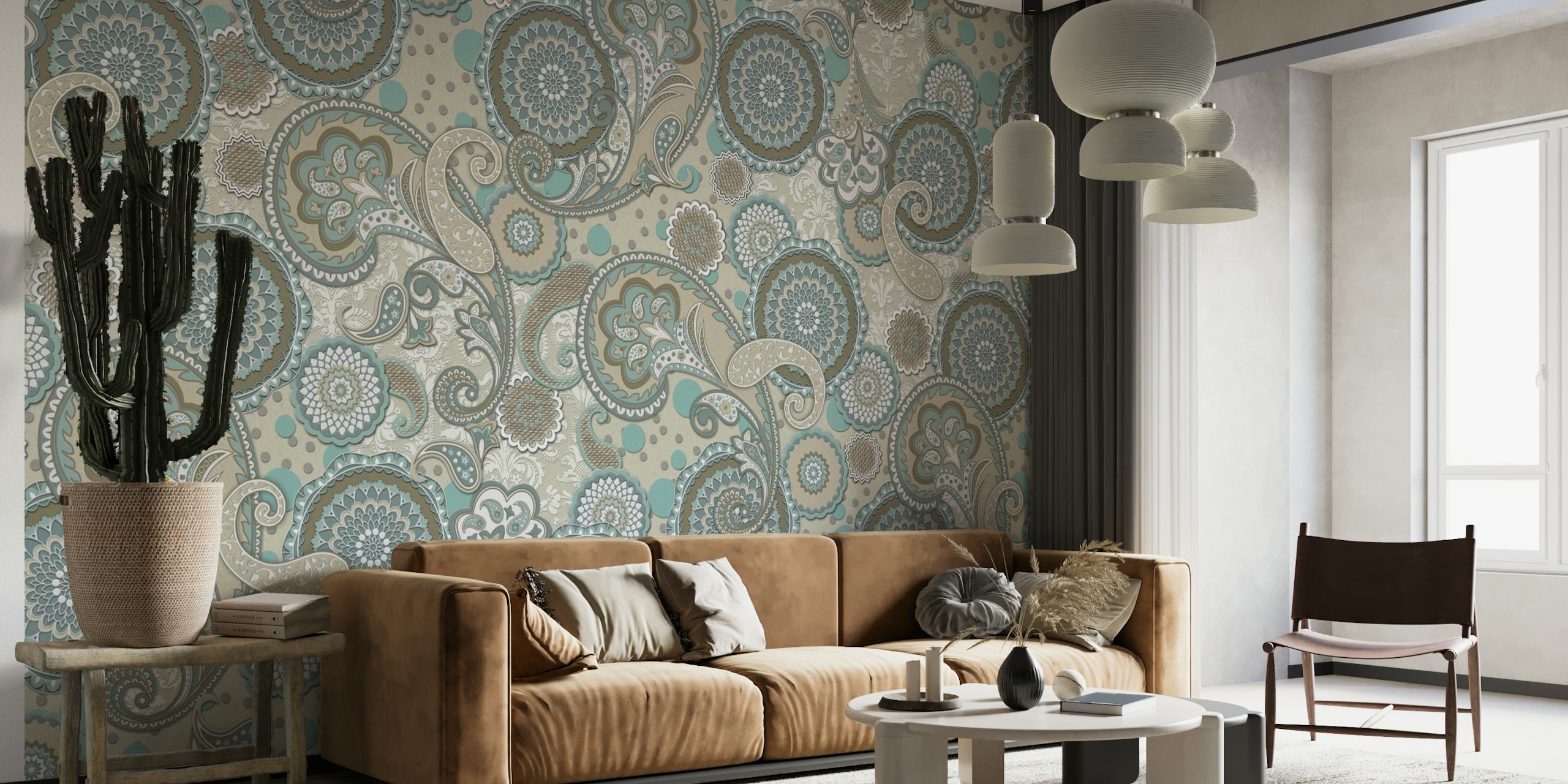 Blue and beige paisley mandala wall mural creating an elegant and calming atmosphere