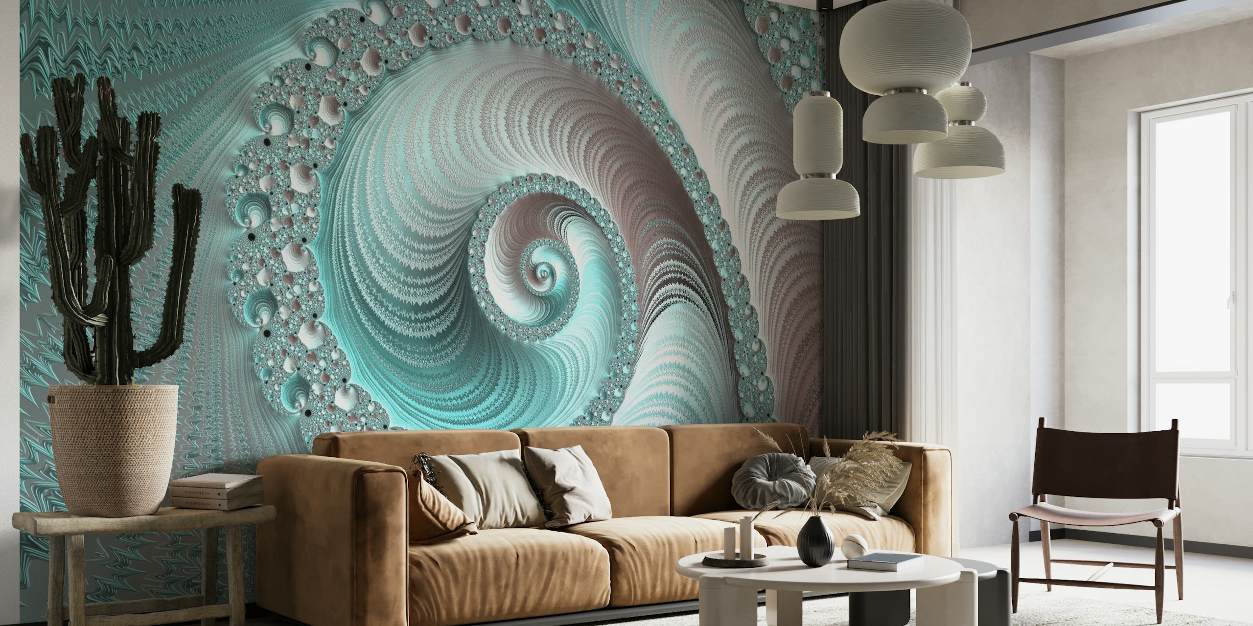 Abstract mint green fractal wave pattern wall mural