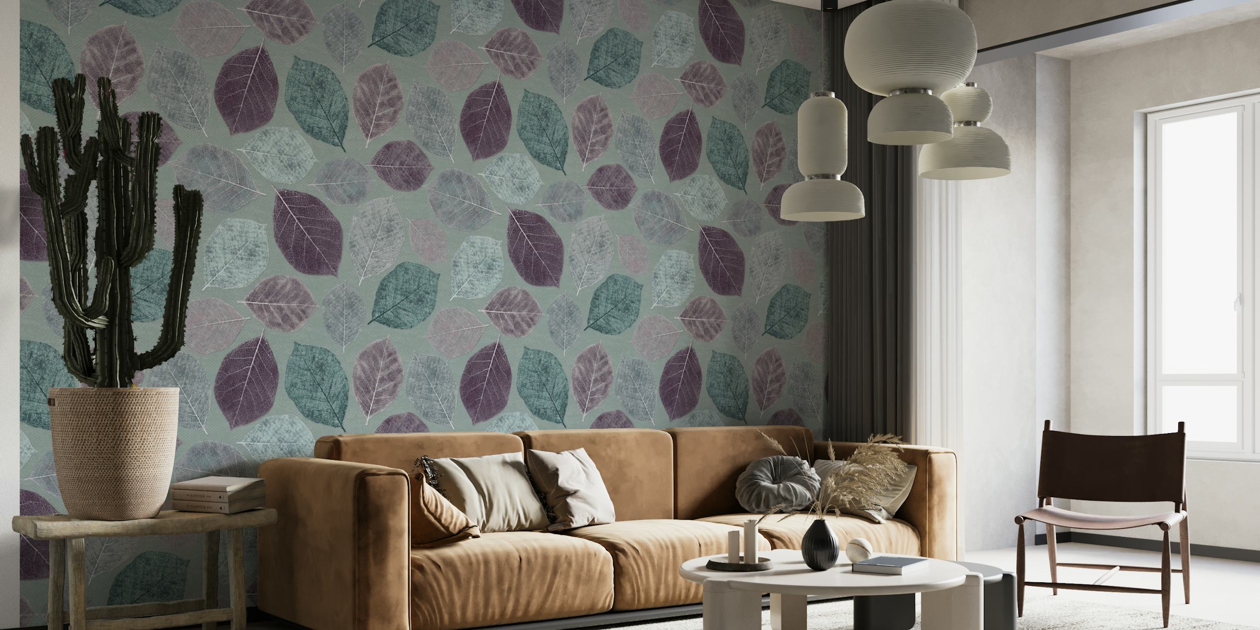 Mural de parede Magnolia Leaves Aqua Mauve com padrões botânicos estilizados em cores calmantes