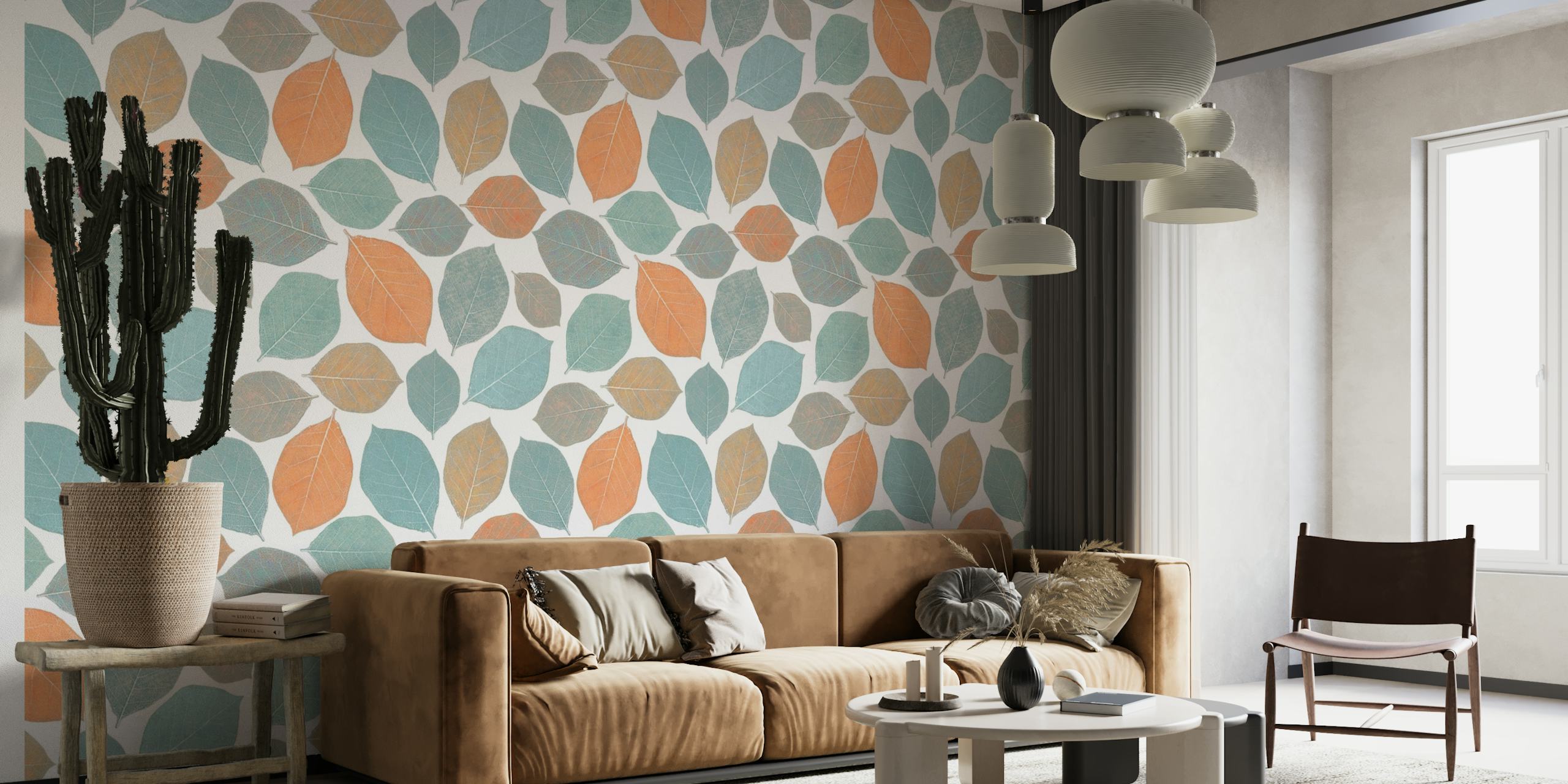 Stylized magnolia leaves in orange and blue hues wall mural