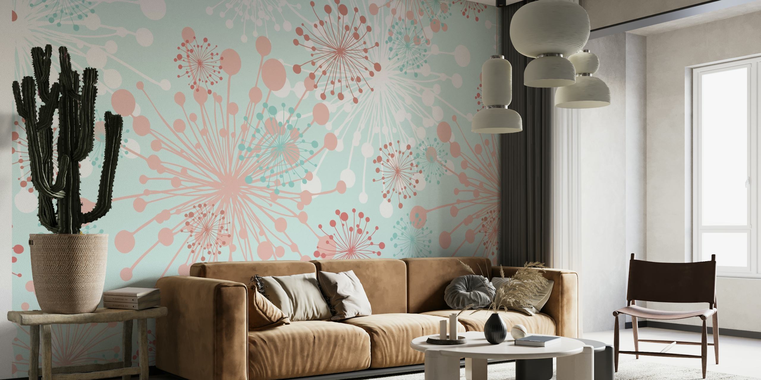 Dandelions Mint Blue Blush Wall Mural with whimsical dandelion silhouettes in soft pink and blue shades.