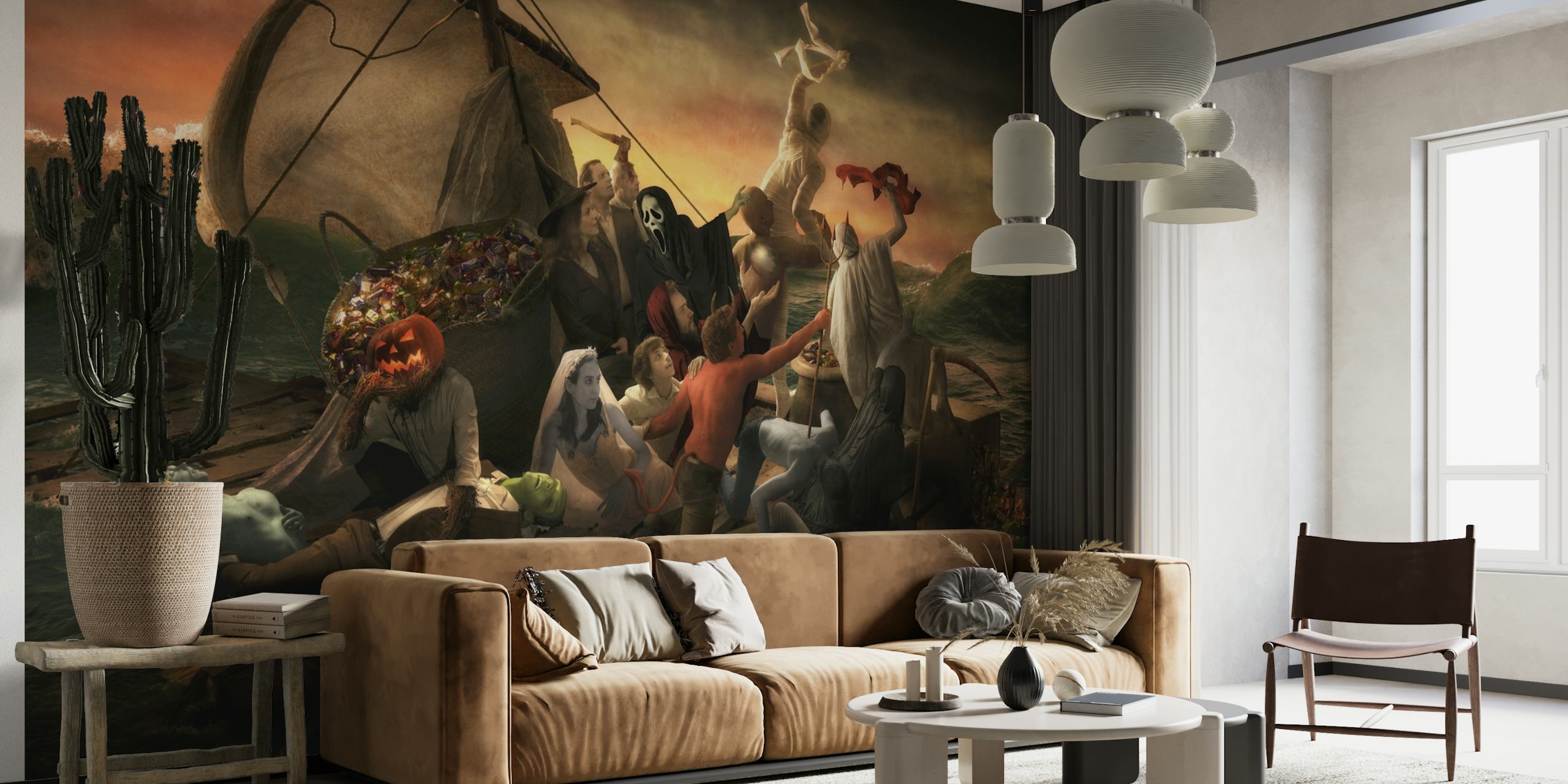 Halloween-themed wall mural featuring ghostly figures and jack-o'-lanterns on a dark sea