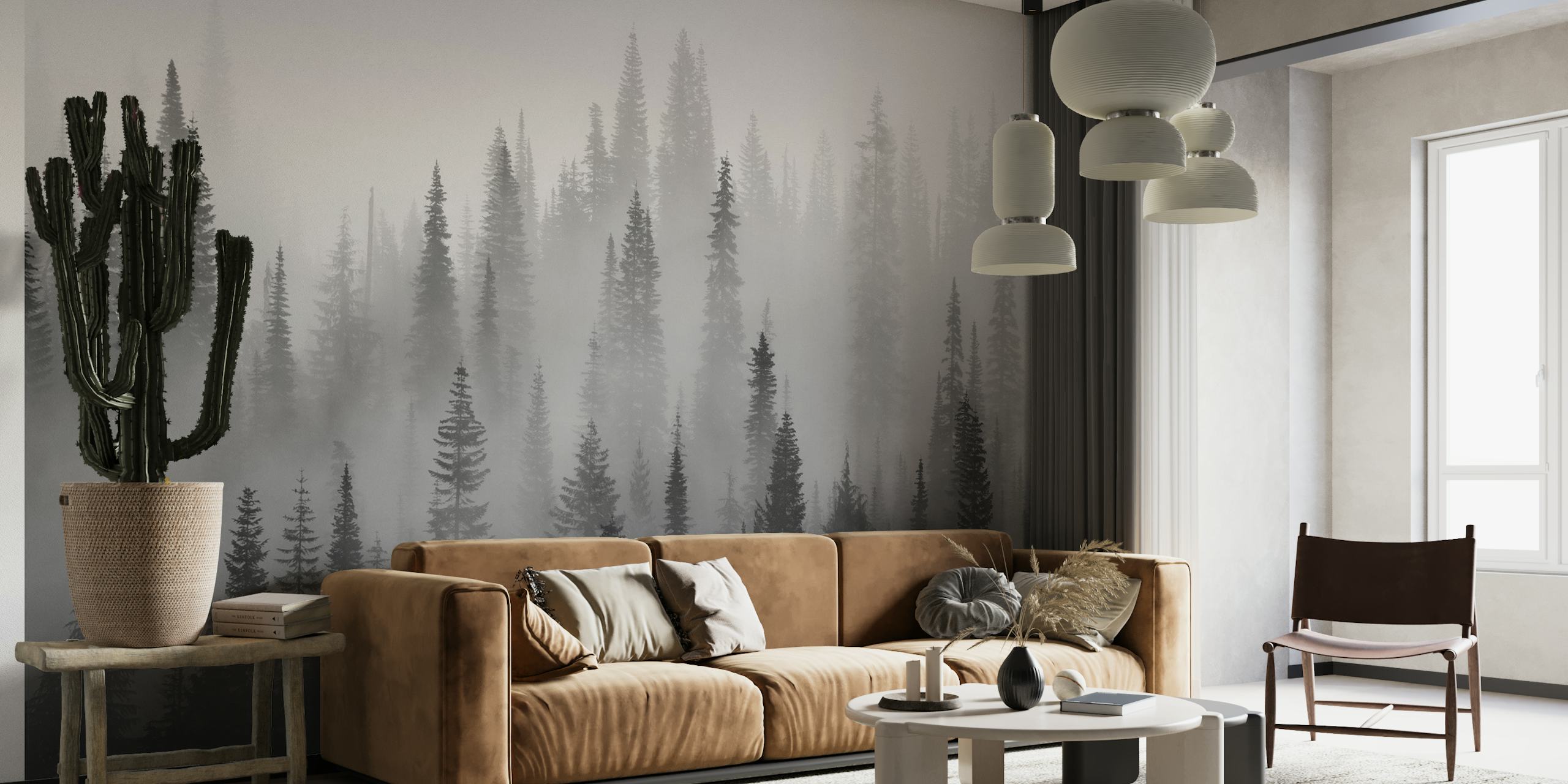 Enchanting black and white forest wallpaper with misty environment setting