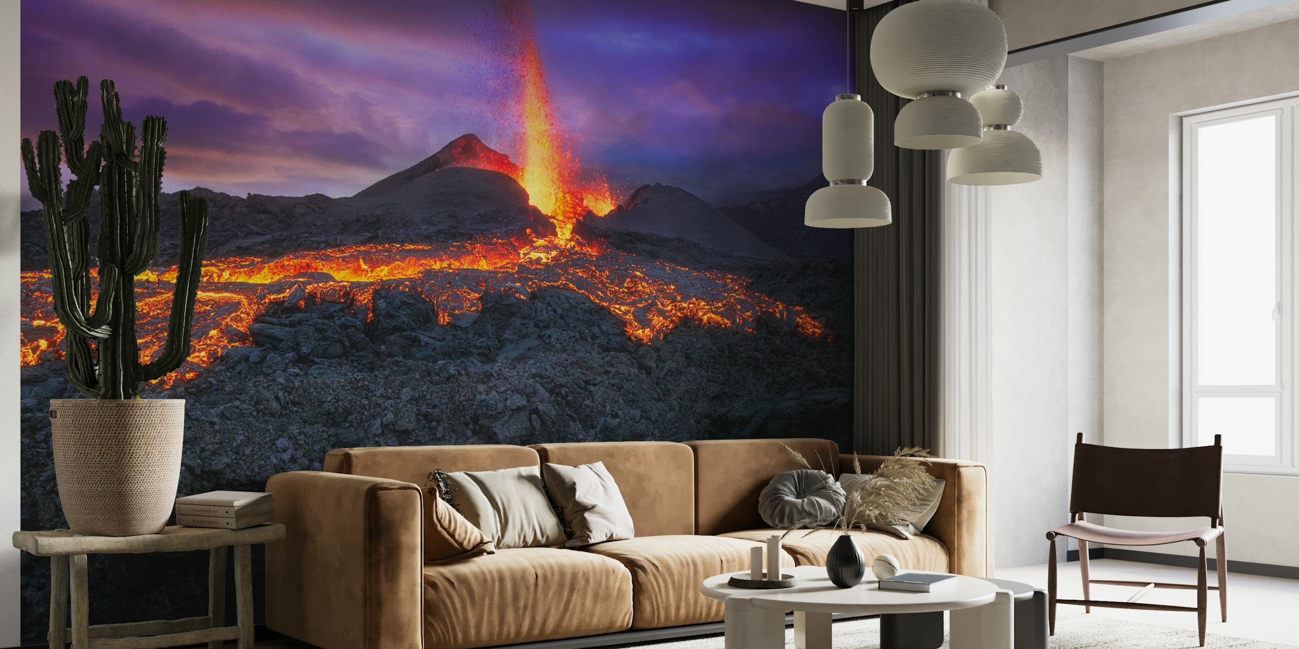 Volcanic eruption with glowing lava and dark rocky landscape wallpaper