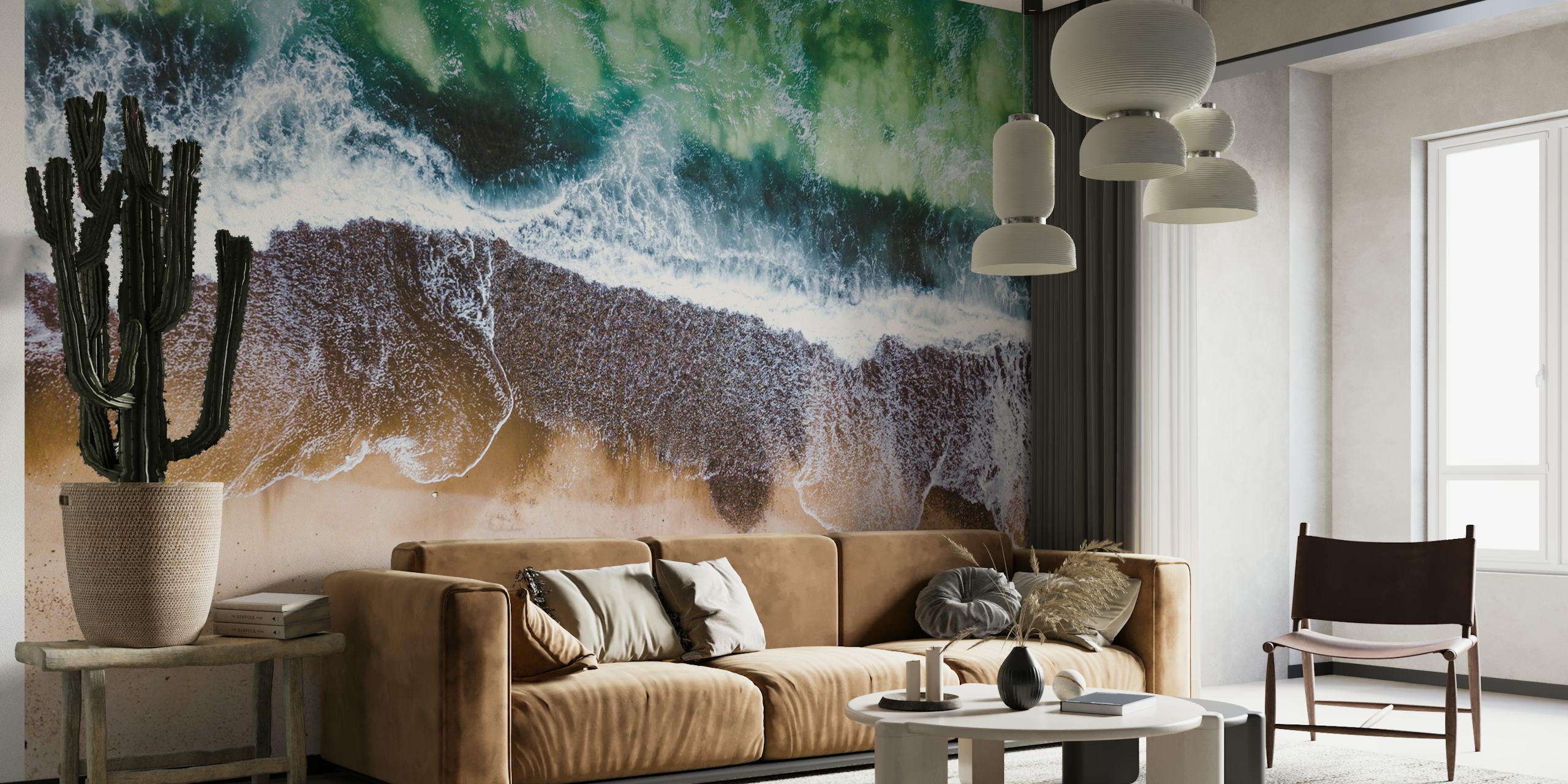 Aerial beach view wallpaper in a room