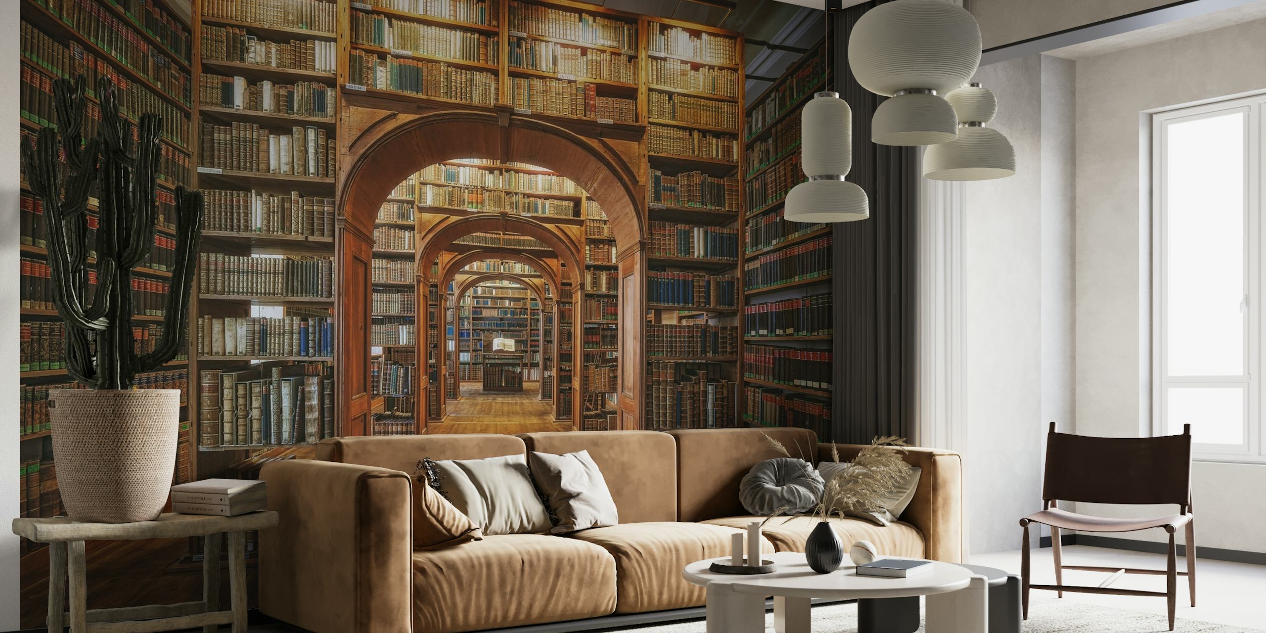 Wandgemälde der Oberlausitzer Bibliothek der Wissenschaften mit Bücherregalen und gewölbtem Durchgang