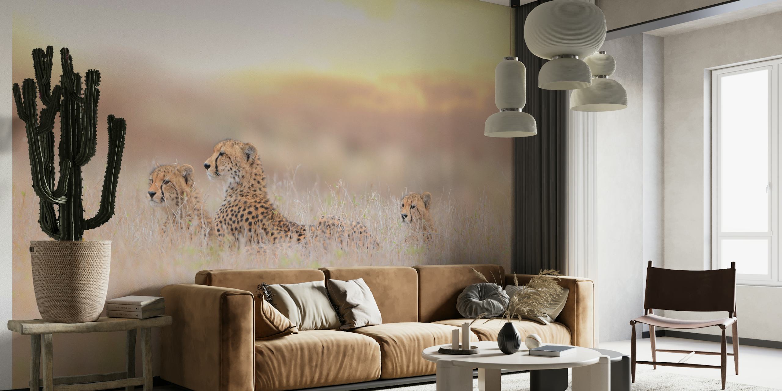 Cheetah mother and cubs wall mural in golden savannah grass