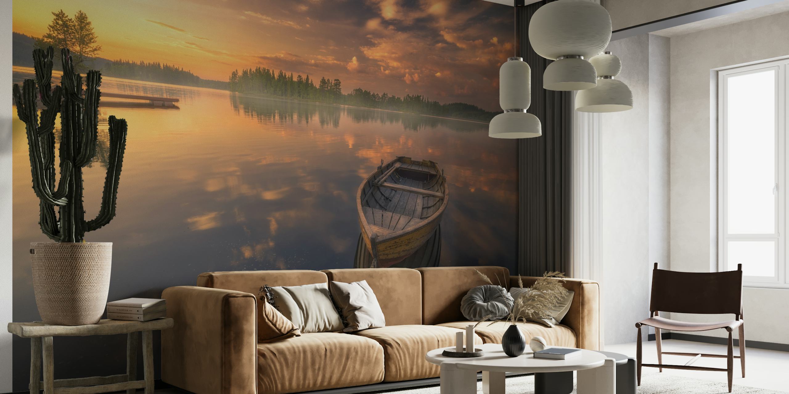 Rustig meer met zonsopgang en bootmuurschildering