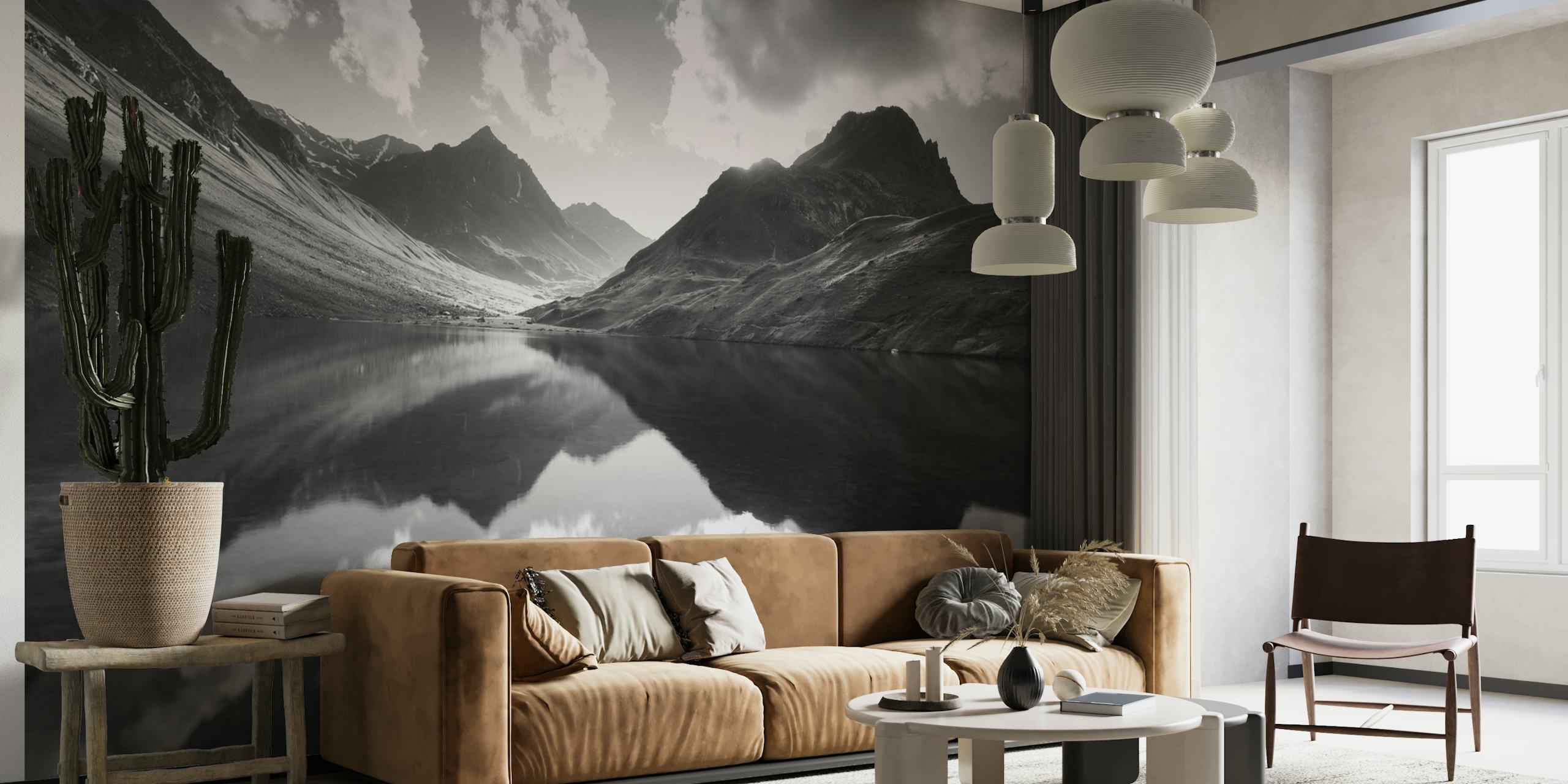 Black and white mountain landscape with reflections wallpaper