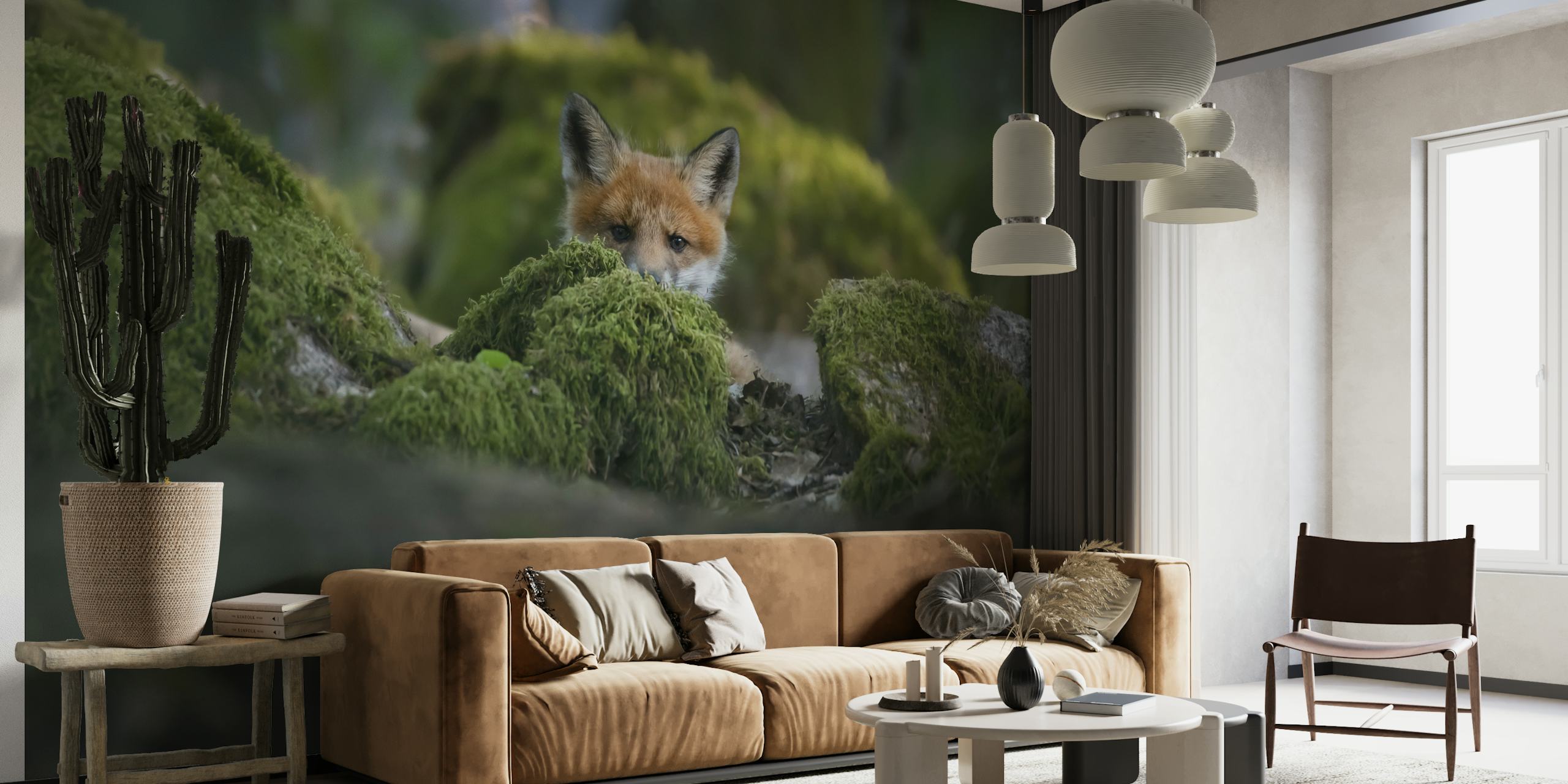 Wall mural of a curious fox peeking out from mossy ground in a forest
