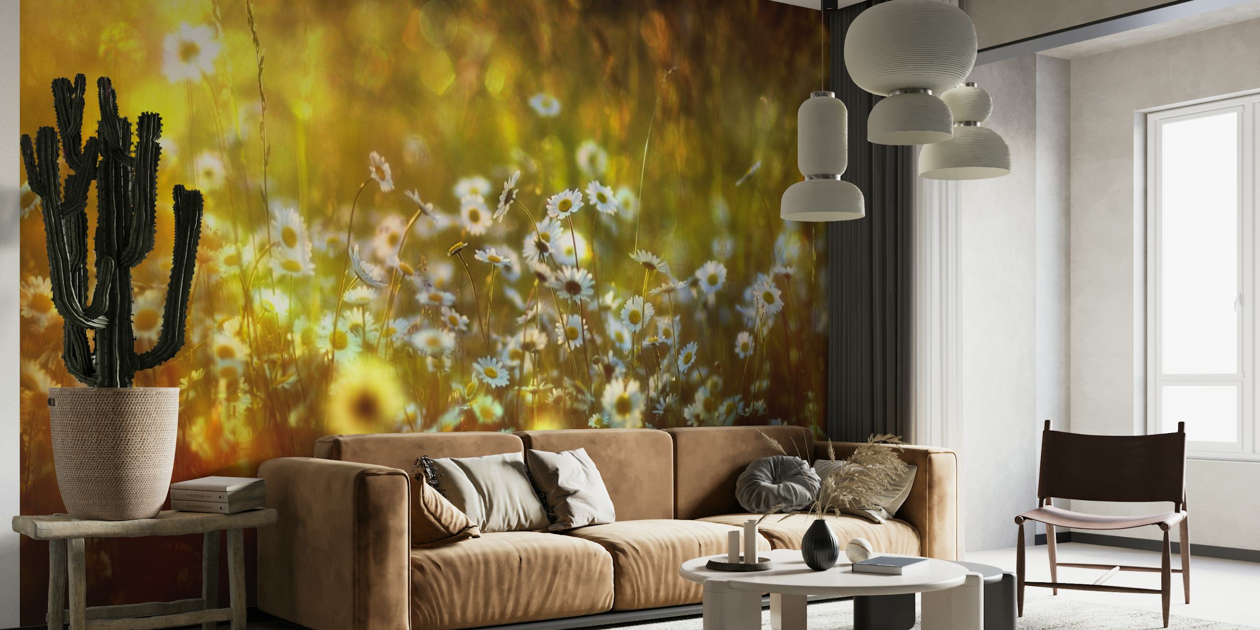 Wonderland wall mural of a magical, sunlit forest with glittering flora details