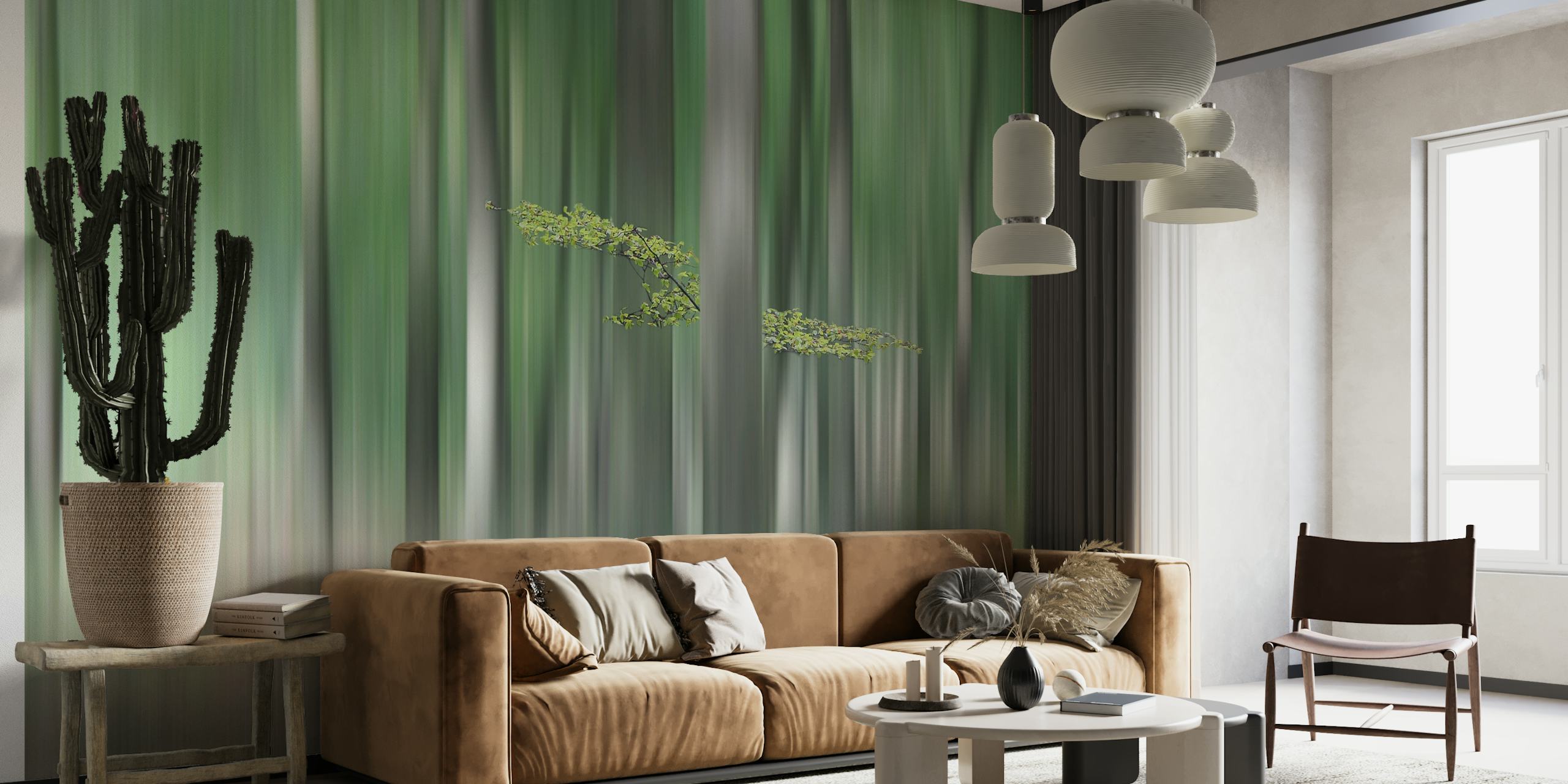 Blurred forest scene wall mural with sunlit greenery