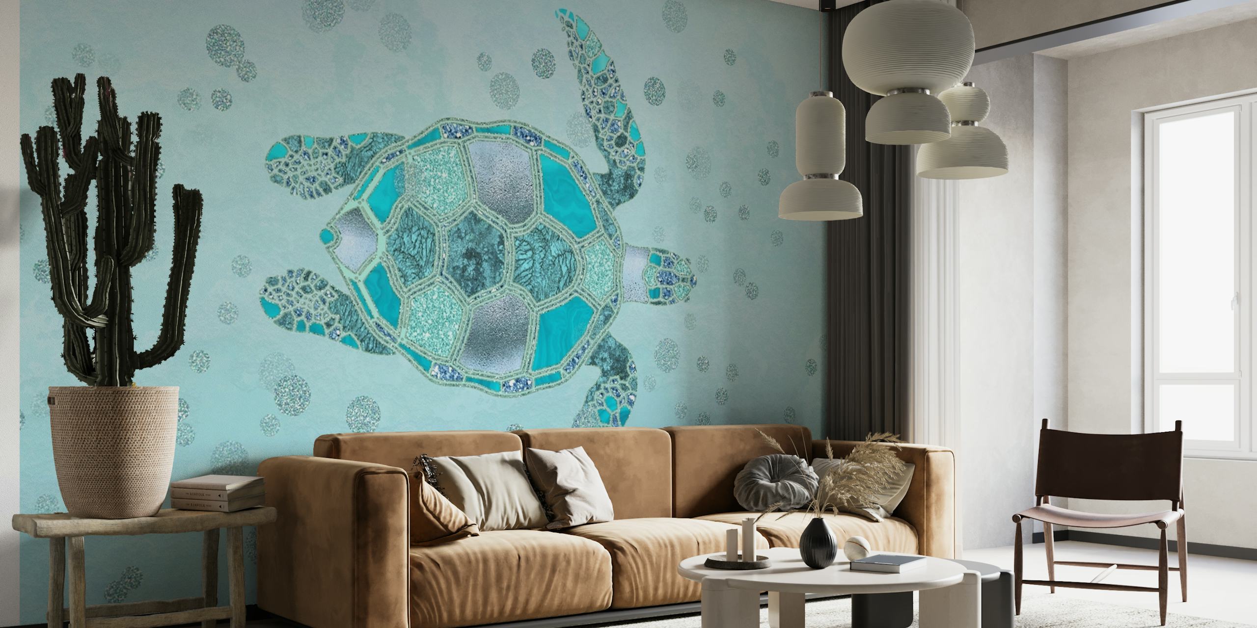 Wall mural of a turquoise turtle swimming in aqua-colored waters.