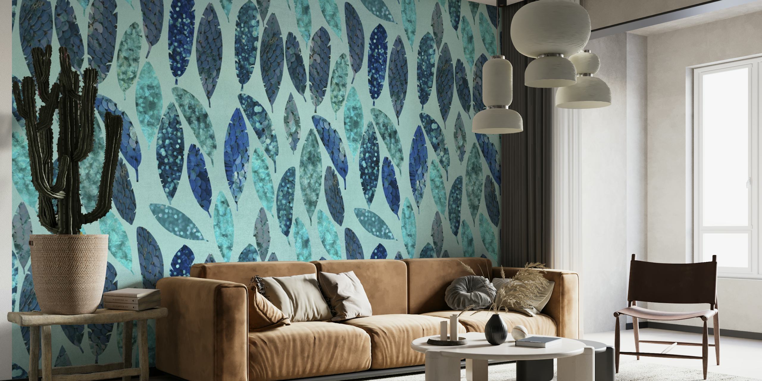 Blue Aqua Mermaid Feathers wall mural with feather-like designs in shades of blue