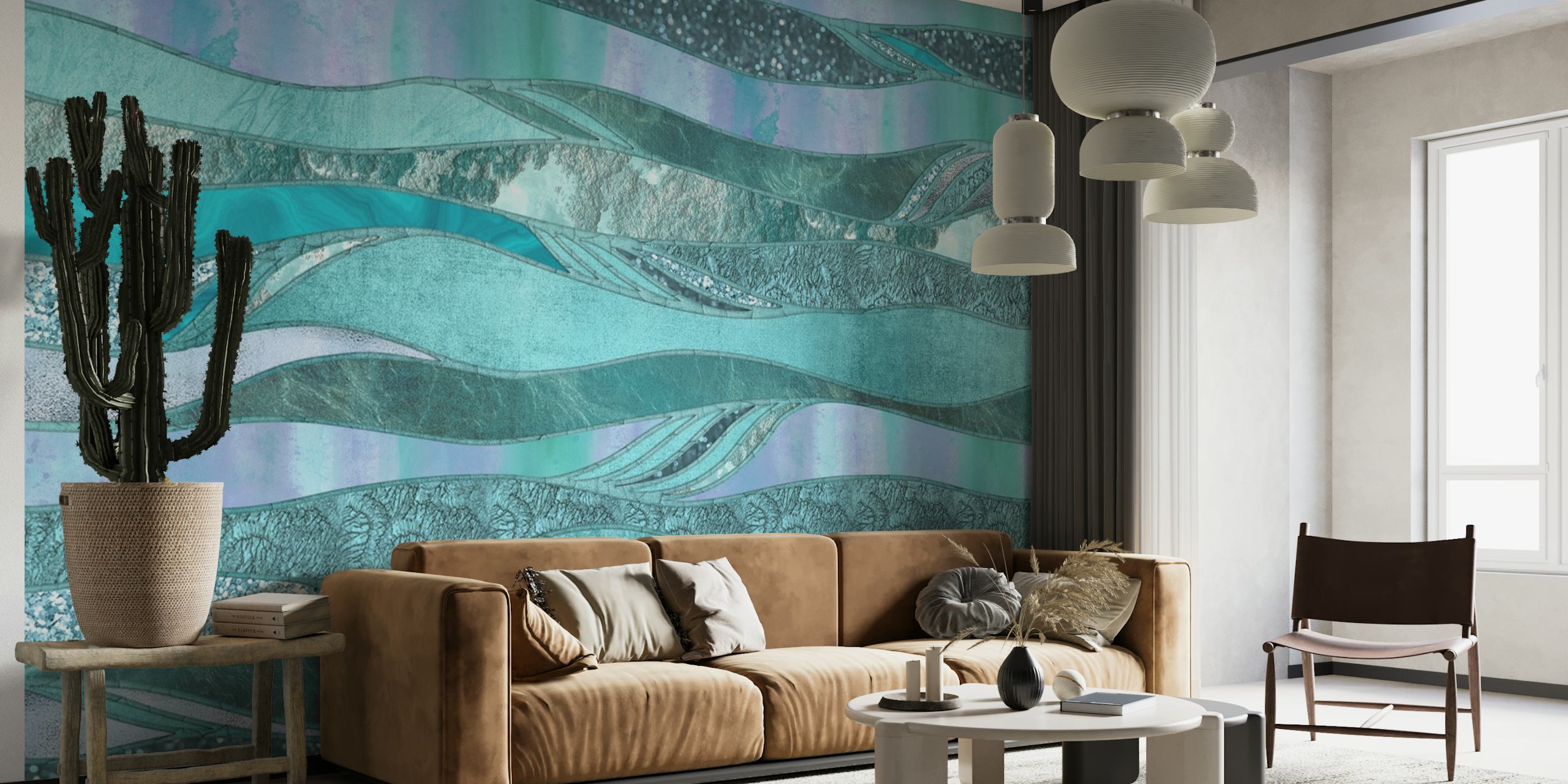 Elegant aqua- och krickafärgad tapet med en skimrande glamorös design