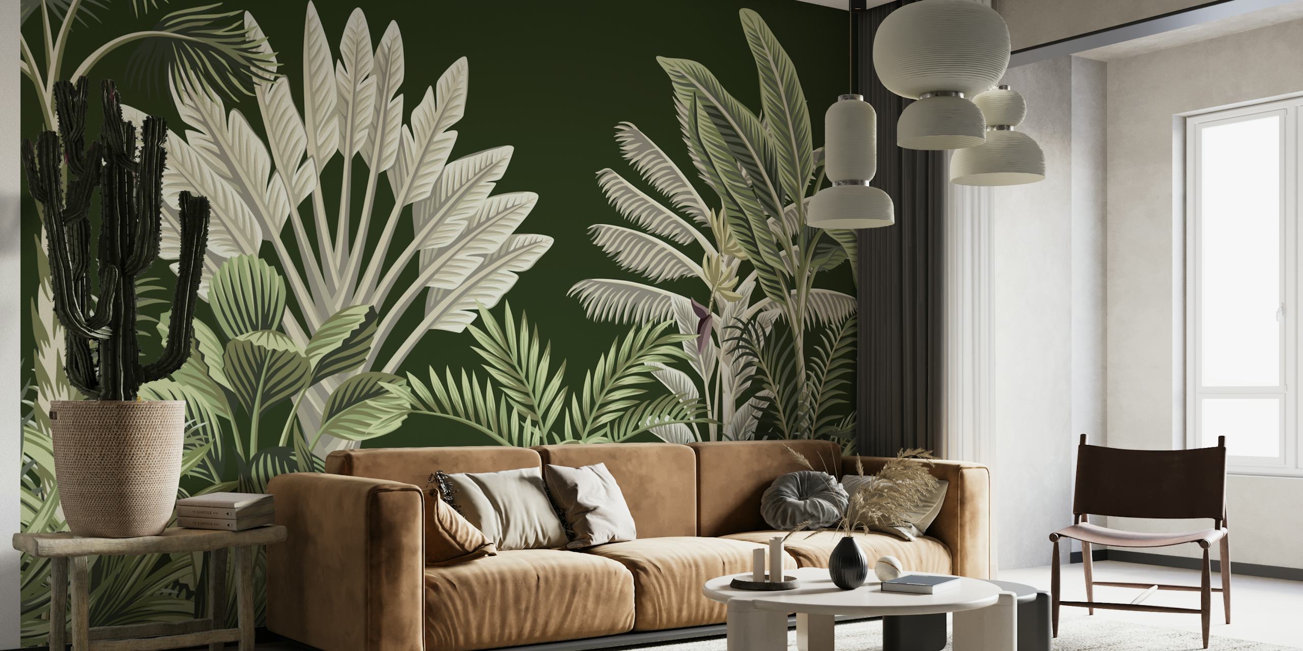 Elegantní černobílé vzory tropické flóry na fototapetě