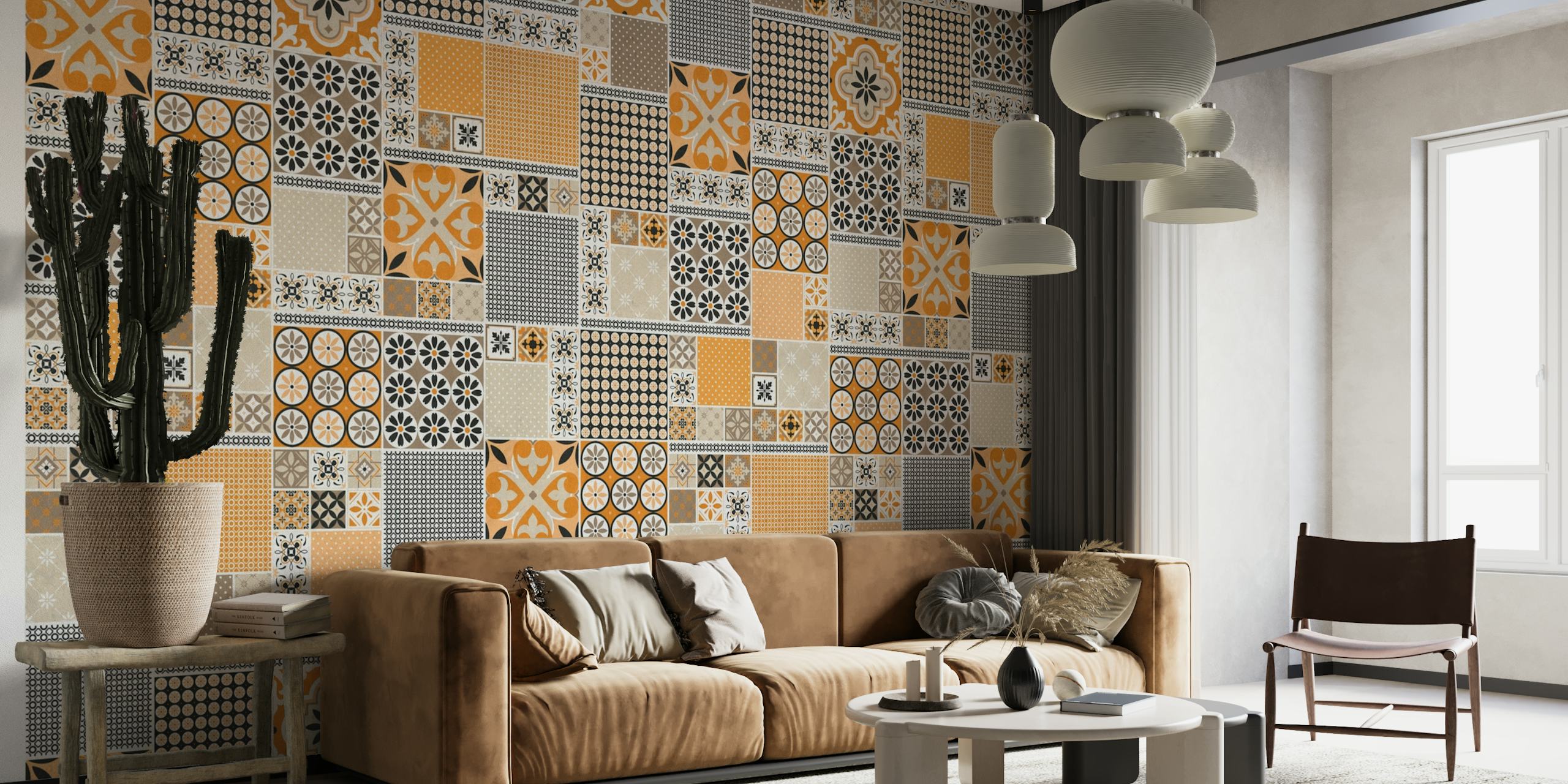 Alhambra Tiles Orange Beige papel de parede
