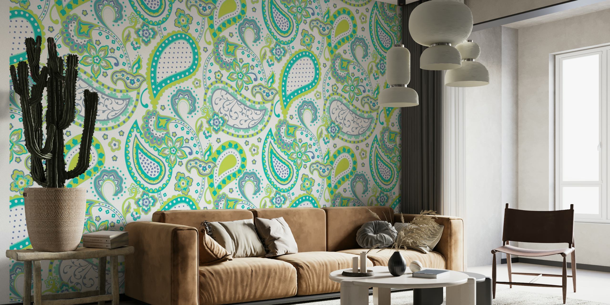 Green, white, and blue paisley pattern wall mural