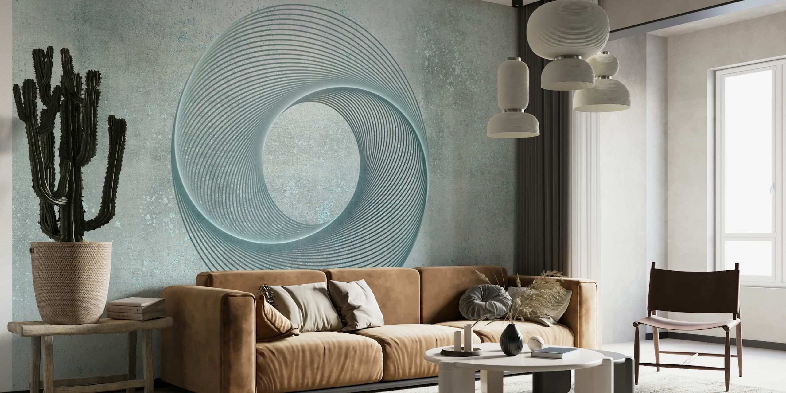 Fotomural círculo con arte lineal geométrico abstracto en tonos tenues