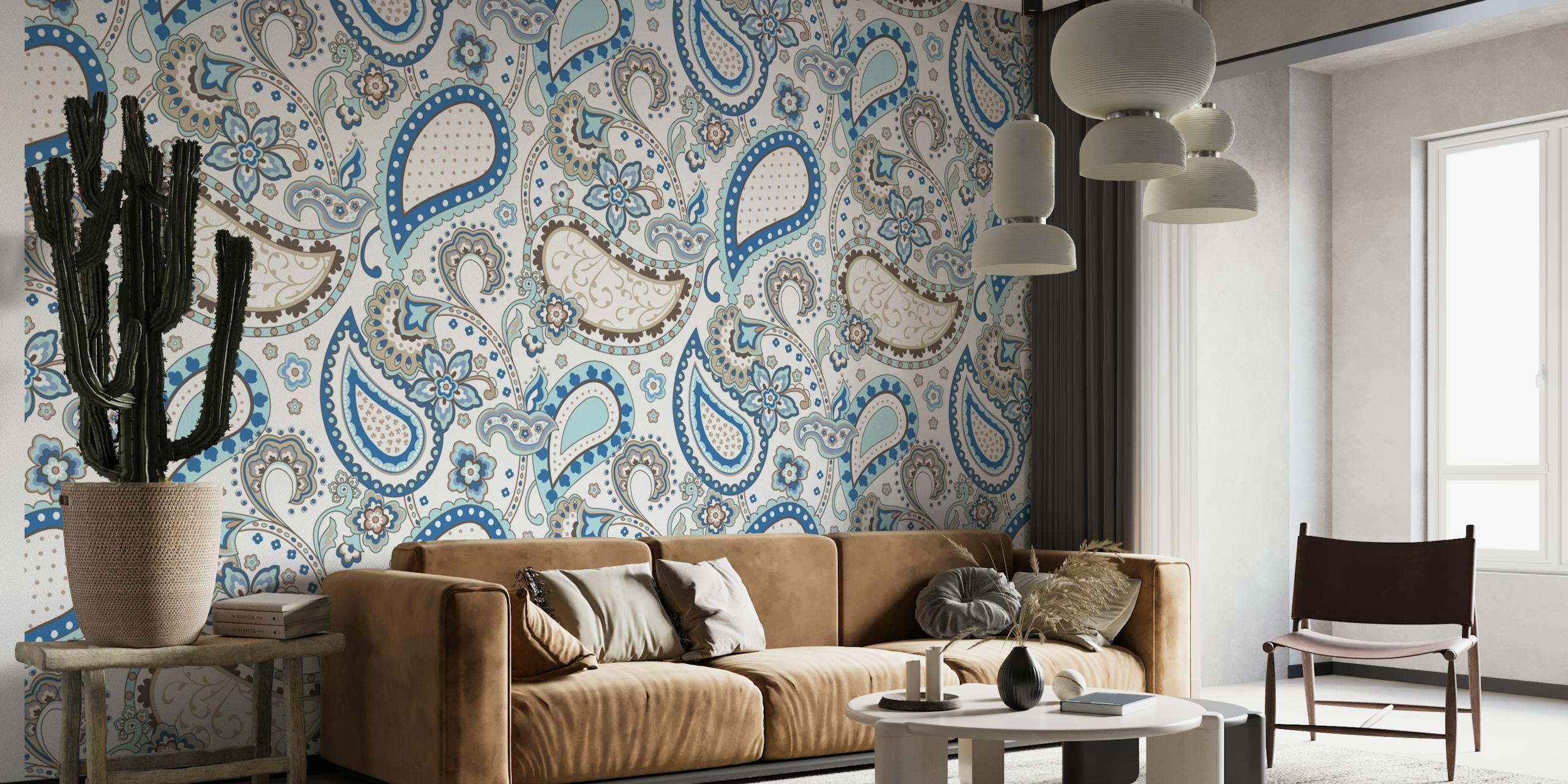 Paisley pattern wall mural in blue, brown, and white