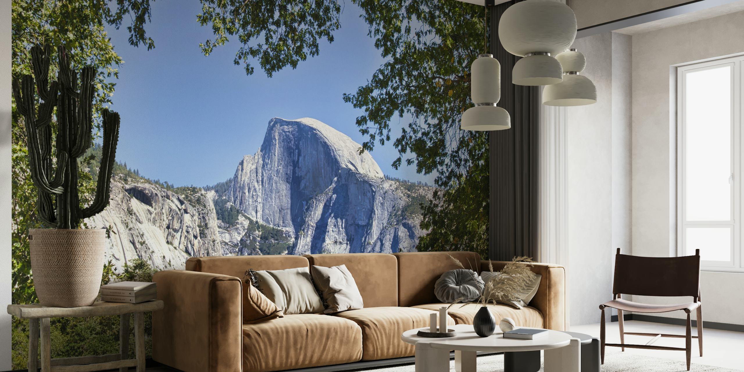 Yosemite Valley Half Dome Veggmaleri Med Utsikt Over Den Ikoniske Granittmonolitten Omgitt Av Grøntområder