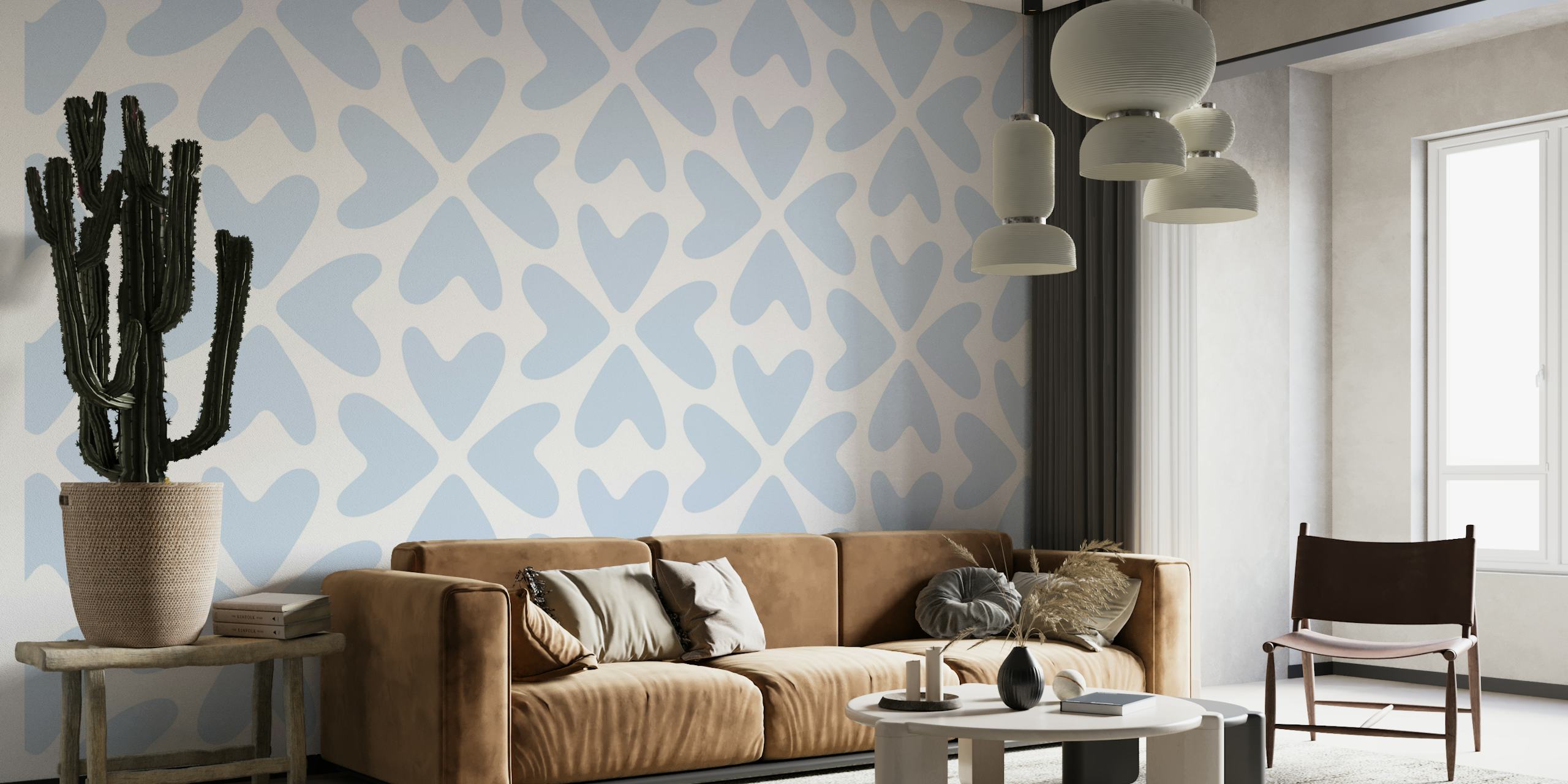 Light blue wall mural with stylized heart patterns promoting a serene and affectionate ambiance