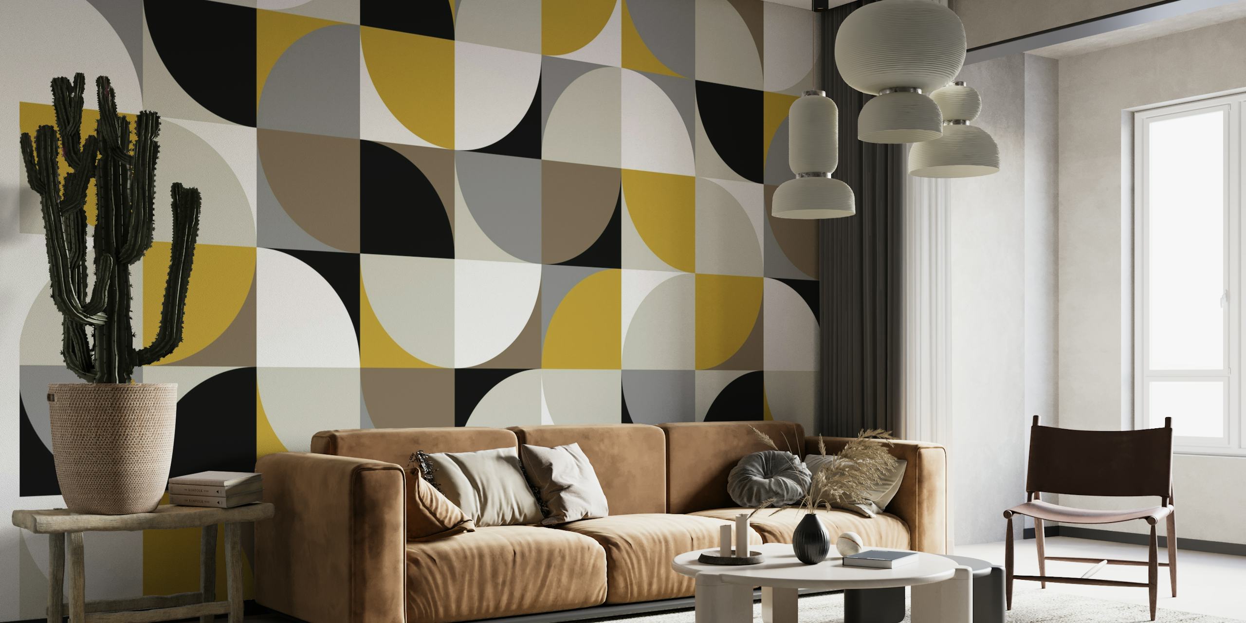 Retro mod vierkantenontwerp in zwart, wit, grijs en goud voor een muurschildering