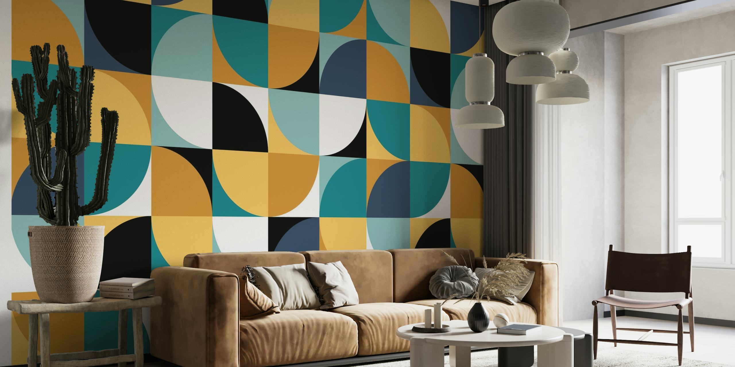 Mural de pared con motivos geométricos y un diseño retro de cuadrados y círculos en tonos de azul, tostado y negro.