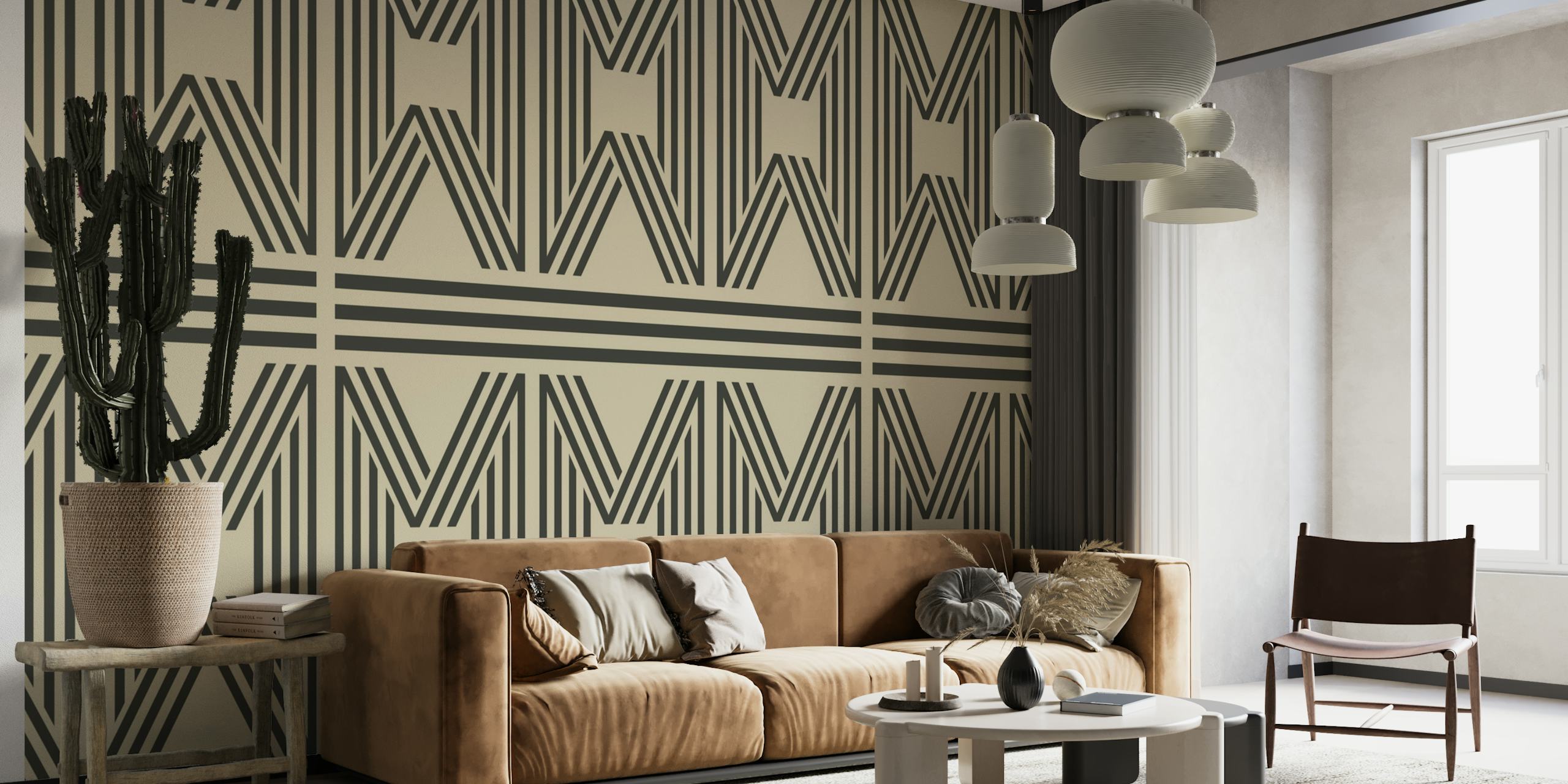 Abstracte minimalistische geometrische muurschildering in beige en zwart