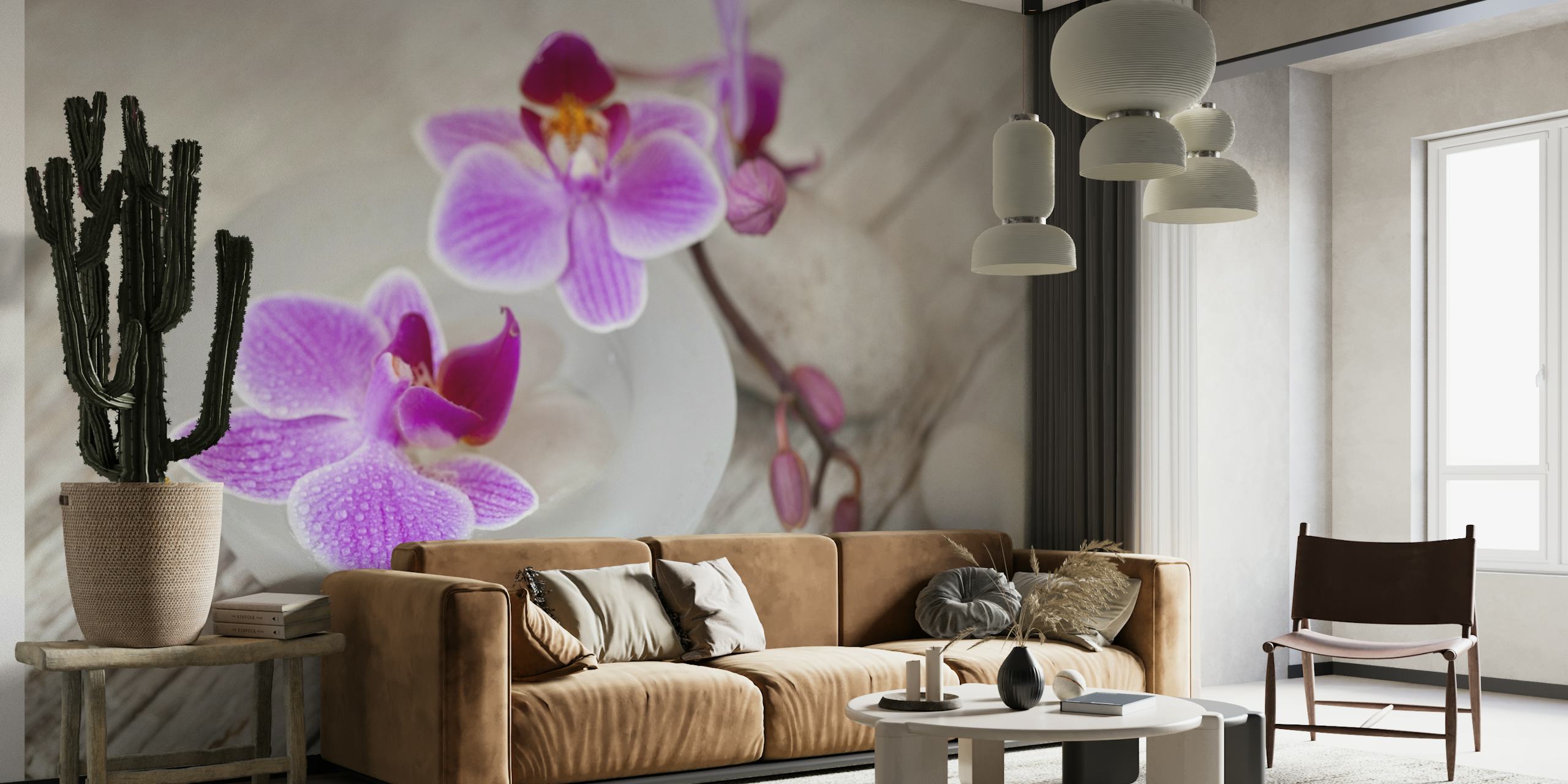 Roze orchideebloem stilleven muurschildering op een houten achtergrond met kiezelstenen