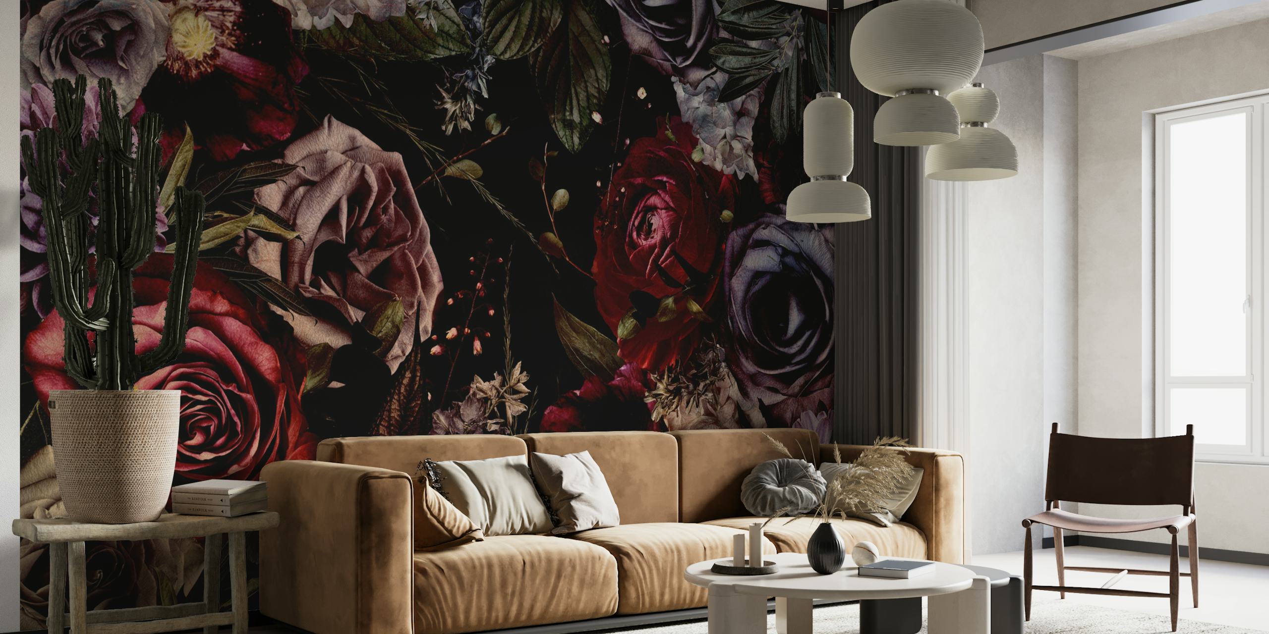 Fotomurais paisagistícos Padrão floral escuro estilo barroco com rosas e peônias