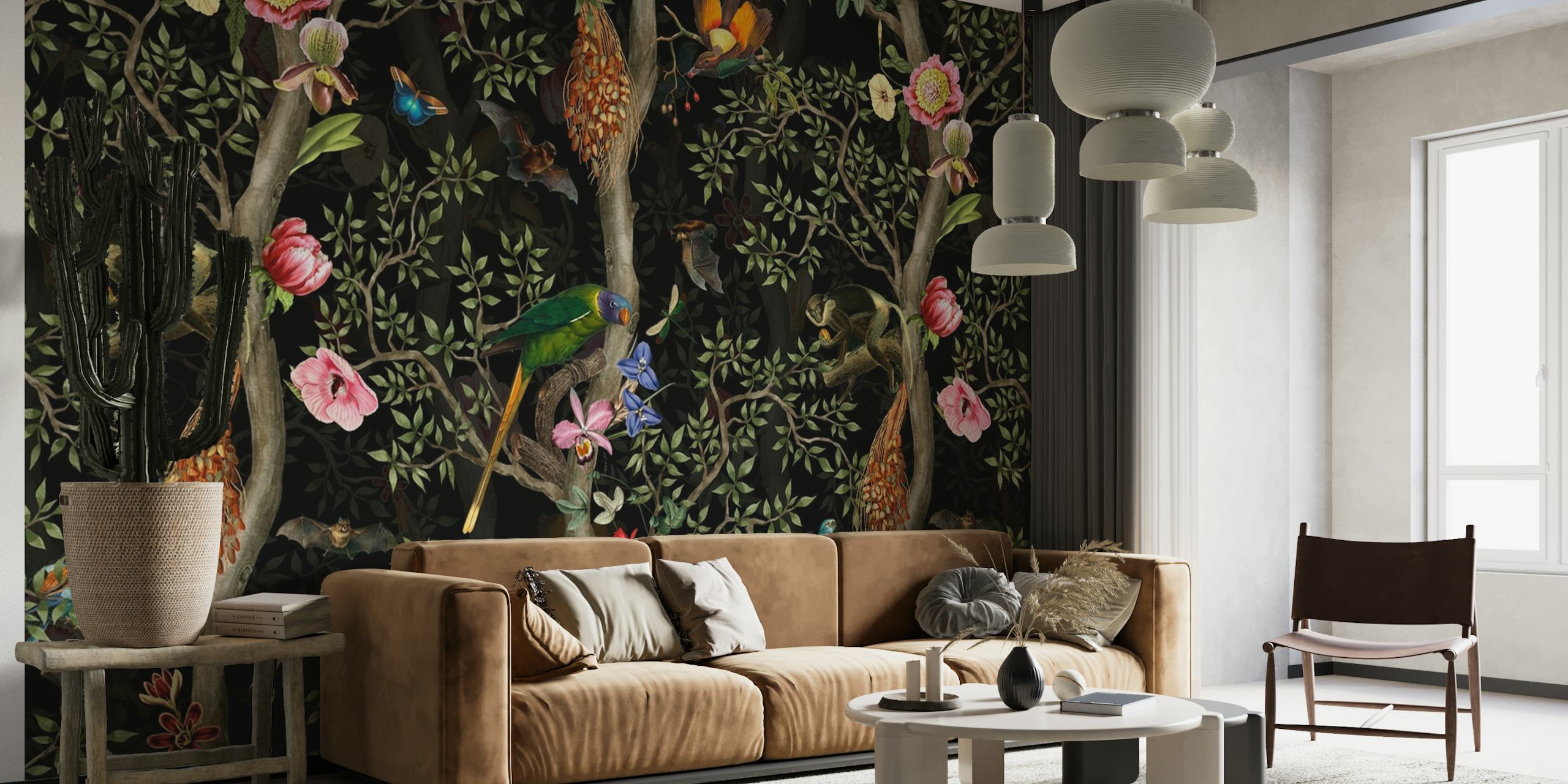 Chinoiserie fotobehang met tropische vogels en bloemmotieven op een donkere achtergrond