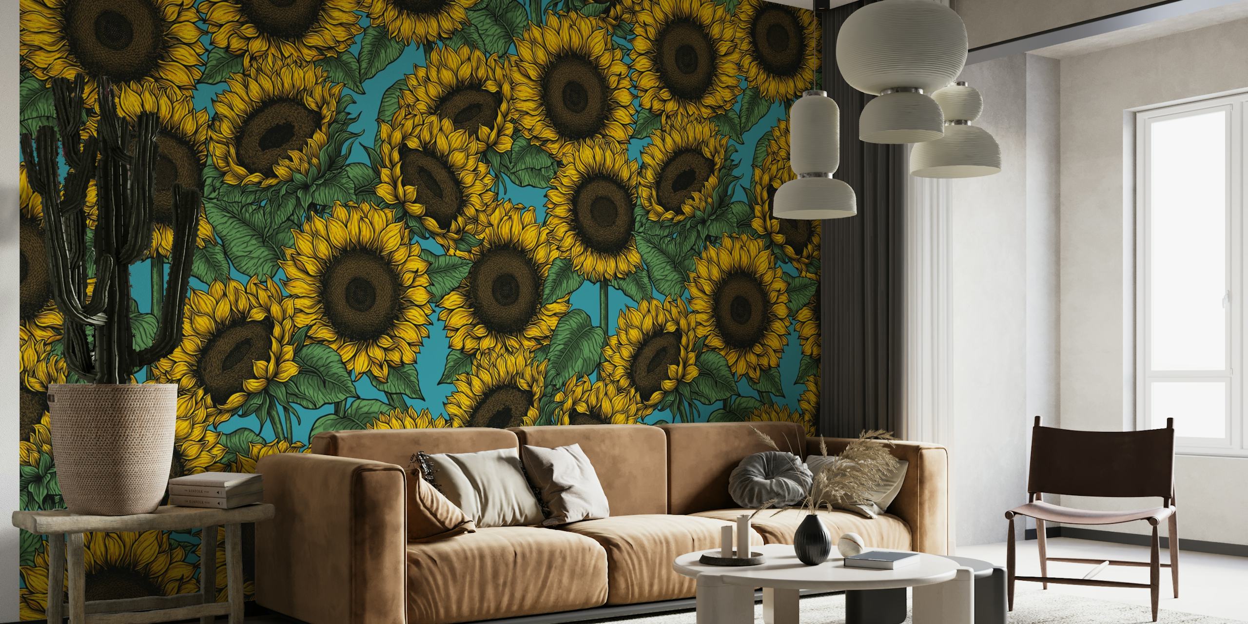 Živopisni zidni mural suncokreta s bogatom, kontrastnom pozadinom, savršen za dodavanje cvjetnog daška svakoj prostoriji.