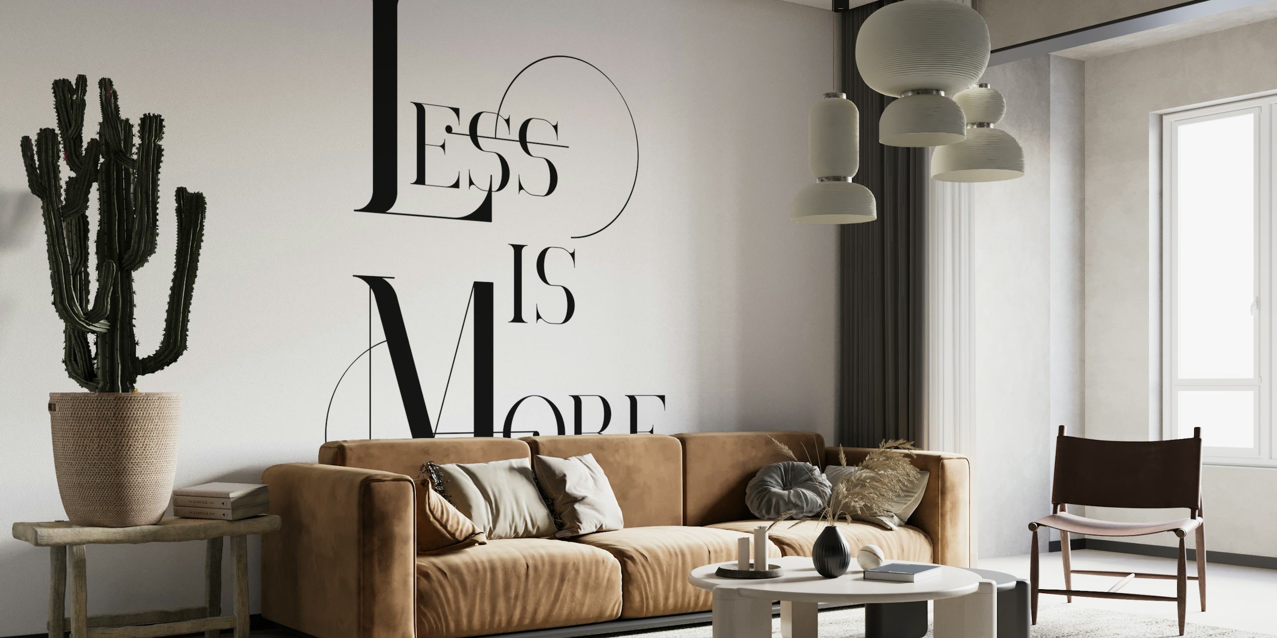 Minimalistisk svart-hvitt 'Less Is More'-typografisk veggmaleri