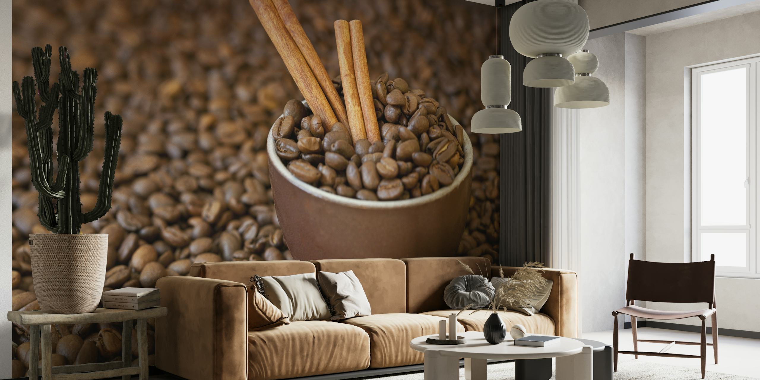 Fototapete Tasse voller Kaffeebohnen mit Zimtstangen