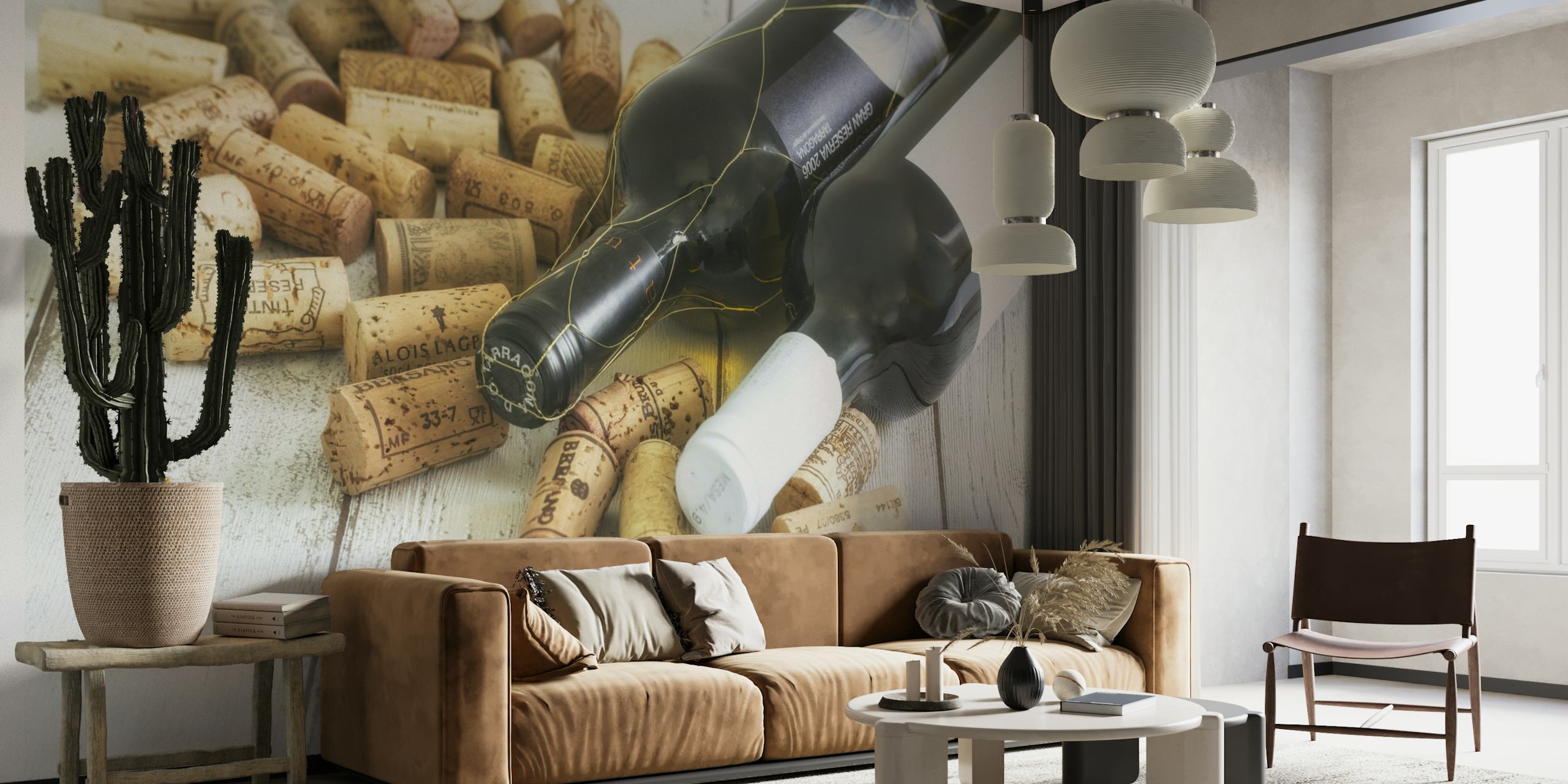 Various wine bottles on a desk wallpaper