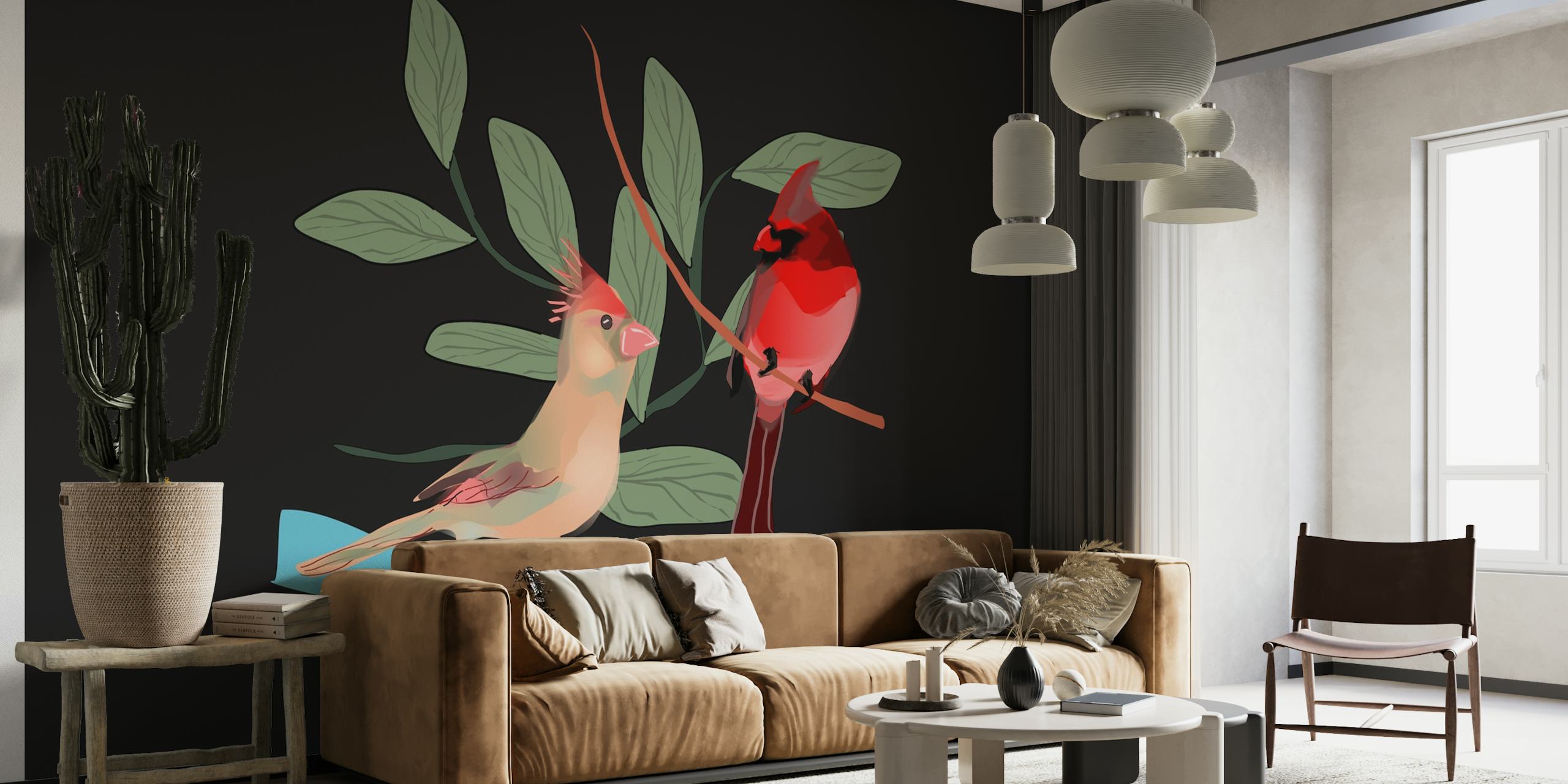 Two tropical birds on branches with green leaves against a black background wallpaper