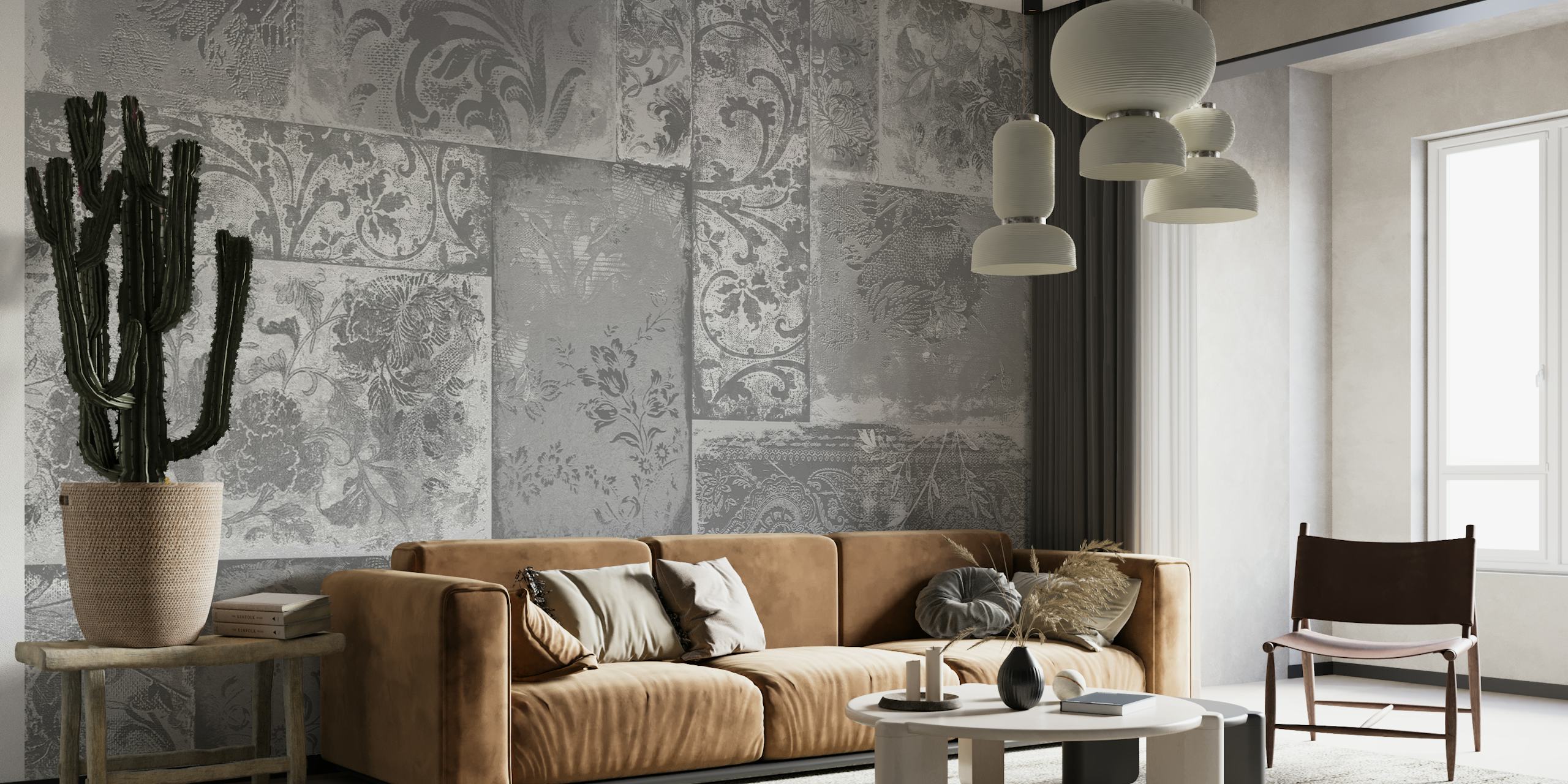 Fotomural vinílico de parede com padrões de retalhos boêmios em tons de cinza