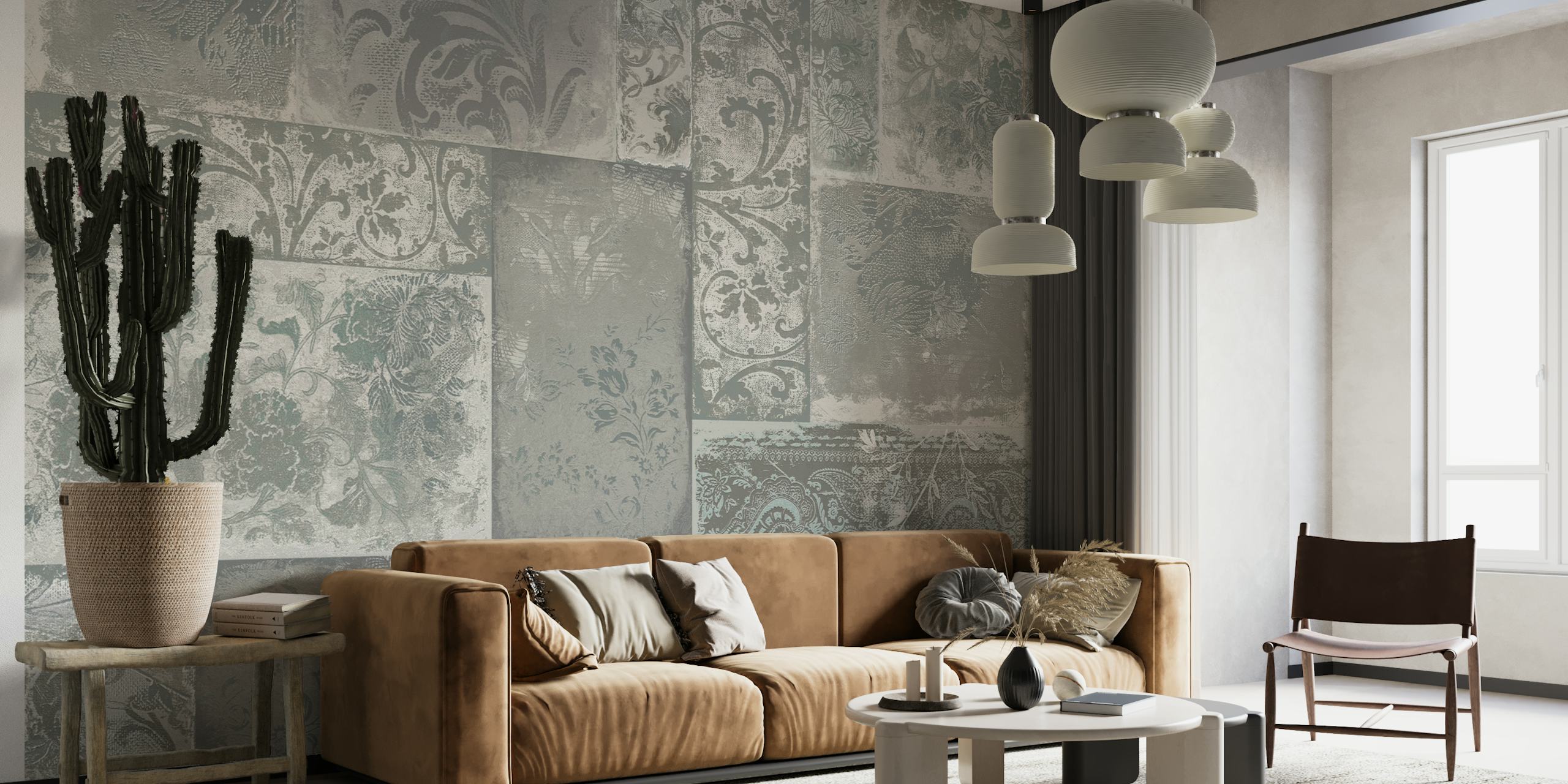 Bohemian Patchwork grey mint wallpaper