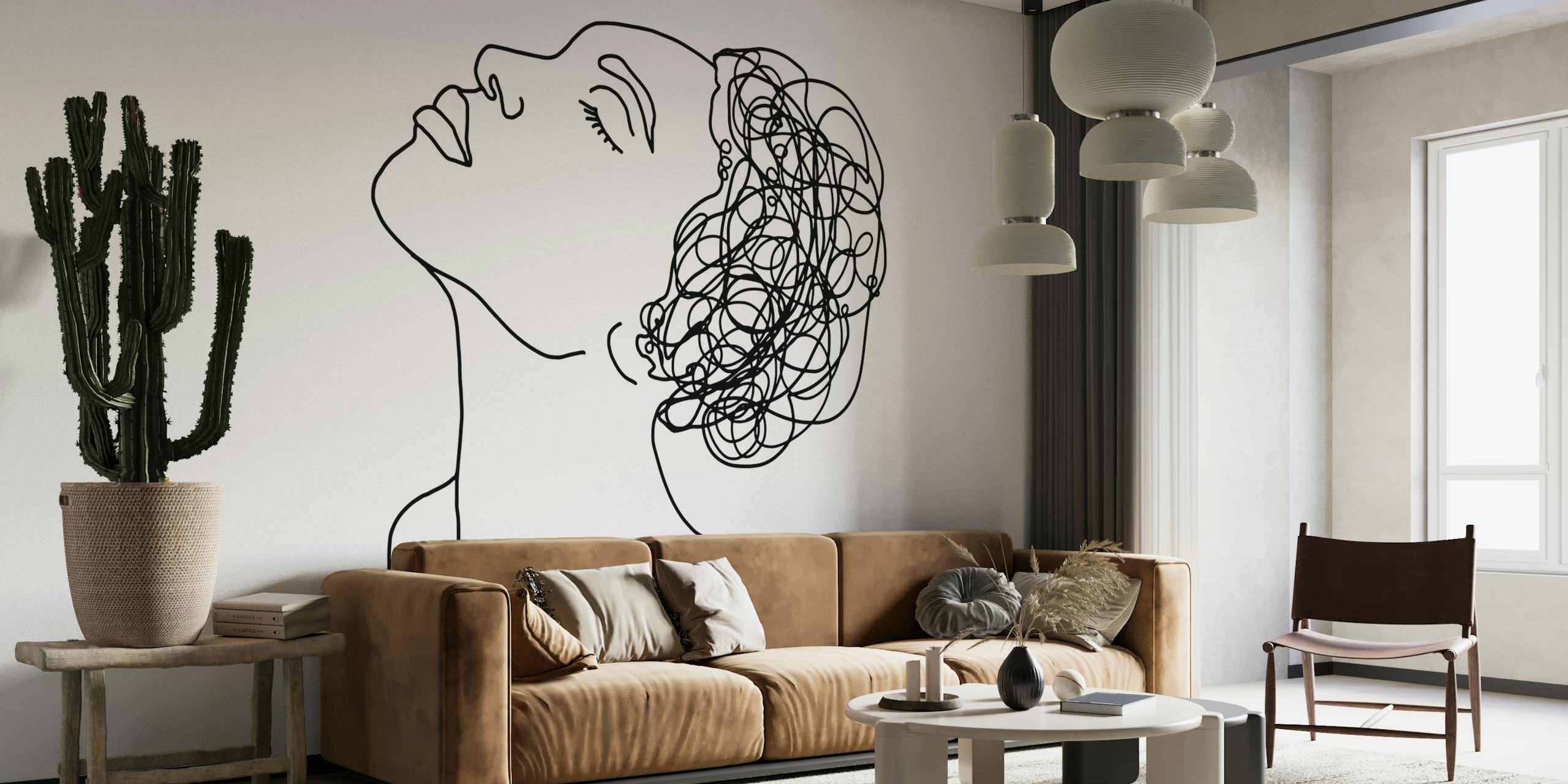 Mural de parede minimalista com desenho de linha do perfil de uma mulher