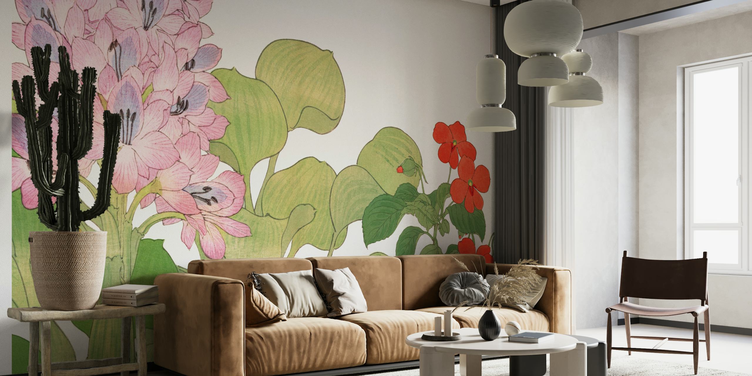 Pink and red tropical flowers with green leaves wallpaper