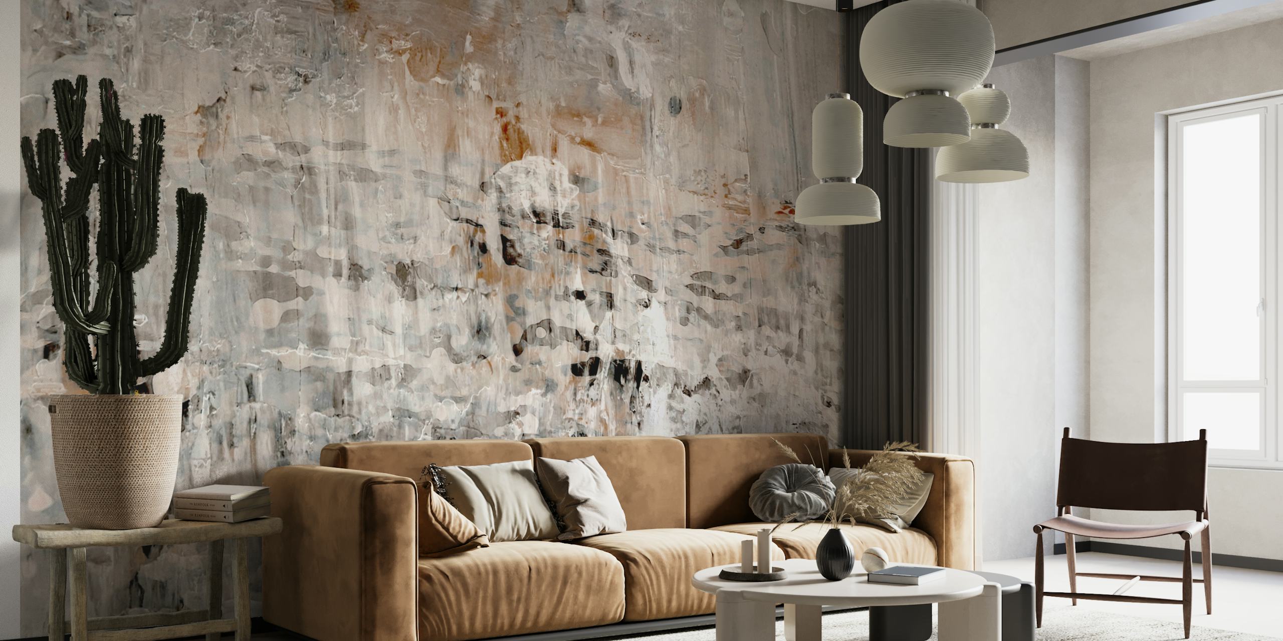 Hand painted abstract wallpaper in grey and beige tones