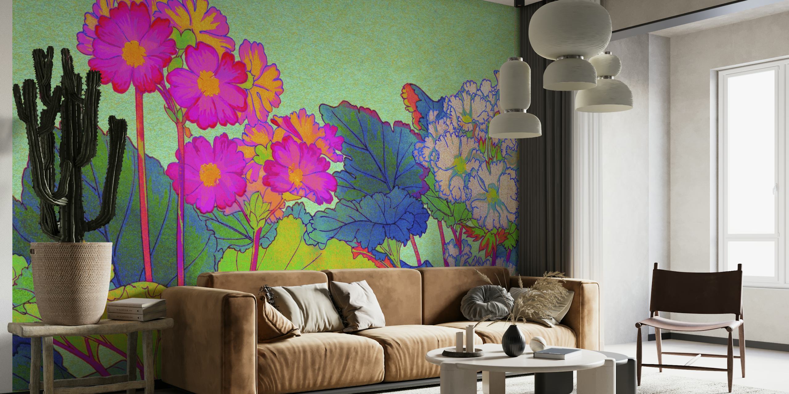 Papier peint mural à motif floral scandinave coloré avec des fleurs luxuriantes et de la verdure sur fond pastel