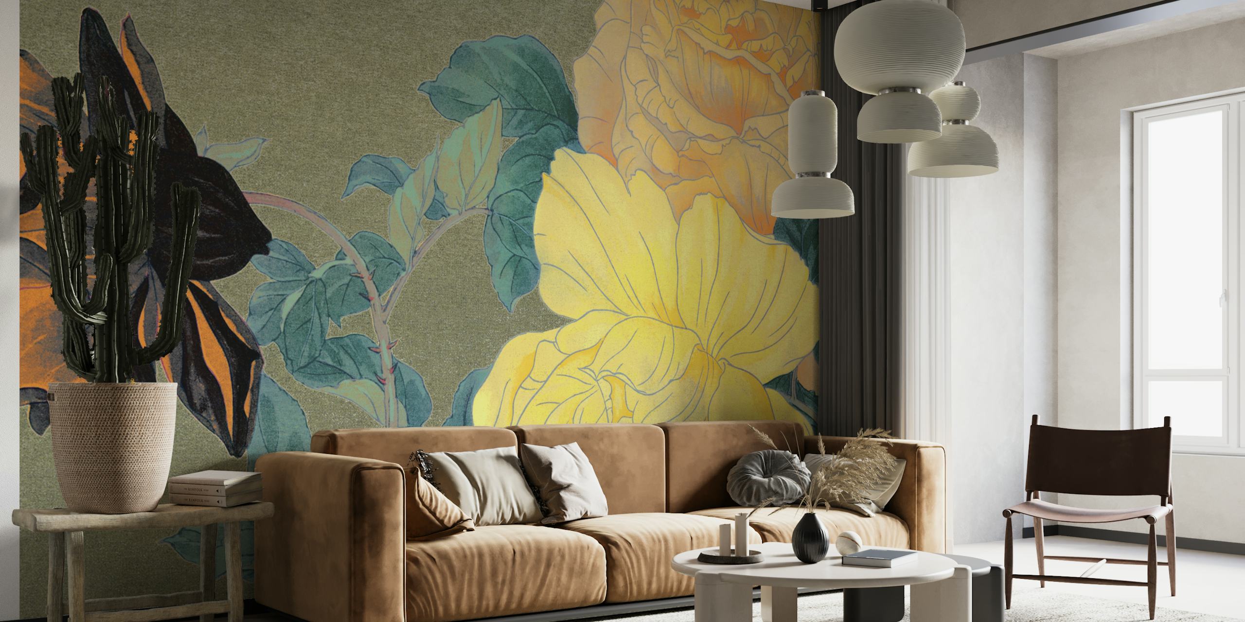 Antieke Noordse pioenrozen muurschildering met vintage tinten