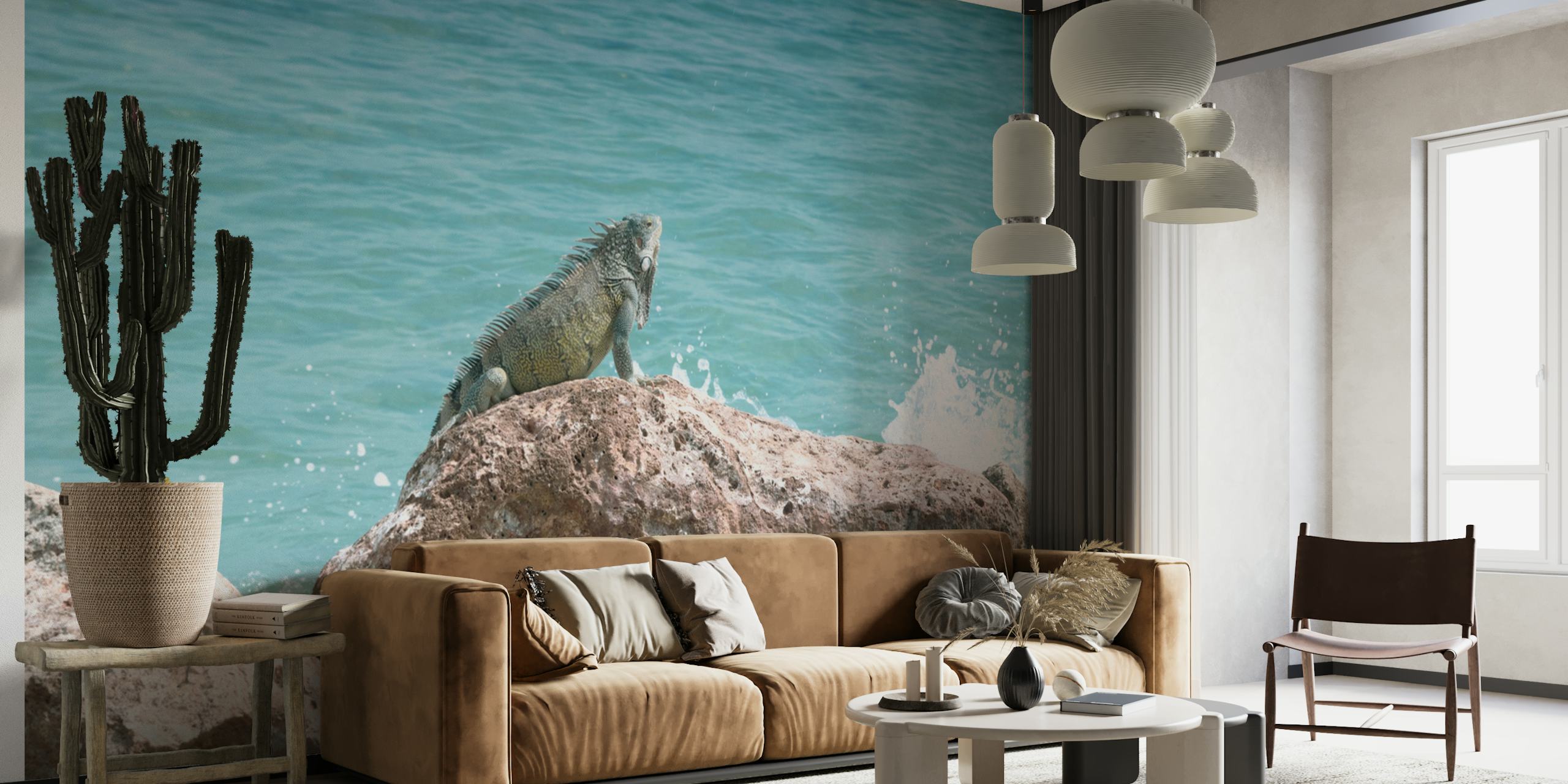 Iguana on rock by clear blue ocean water wallpaper