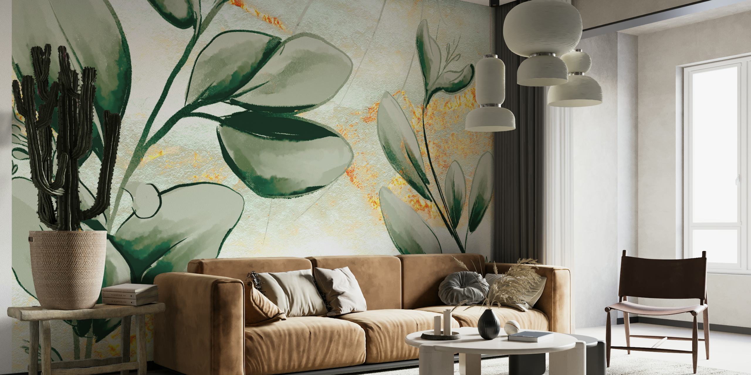 Graffiti-inspirerte blader med gylne glitter-aksenter på et veggmaleri